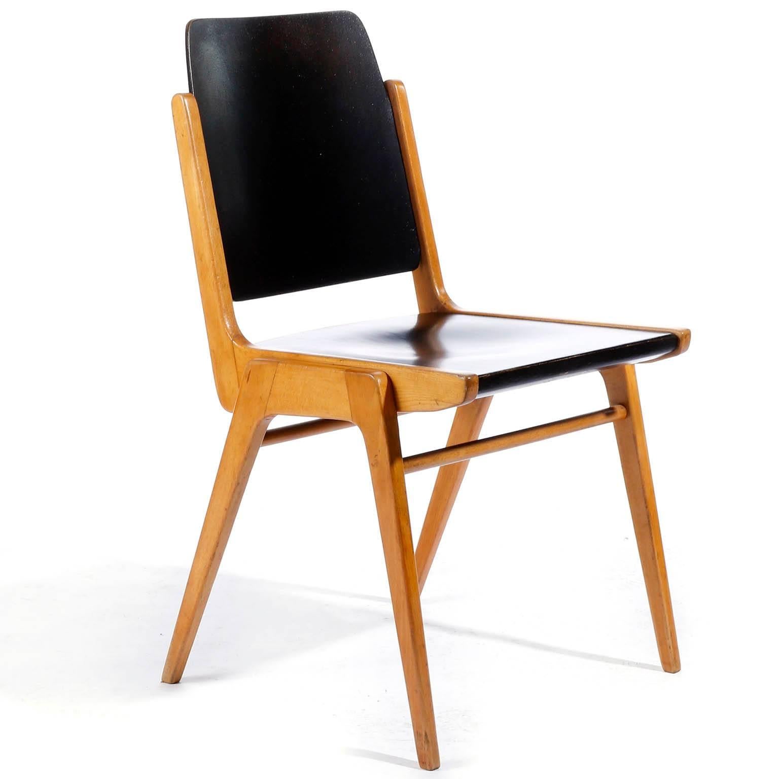 Mid-Century Modern Set of Eight Stacking Chairs by Franz Schuster, Bicolored Beech Black, Austria