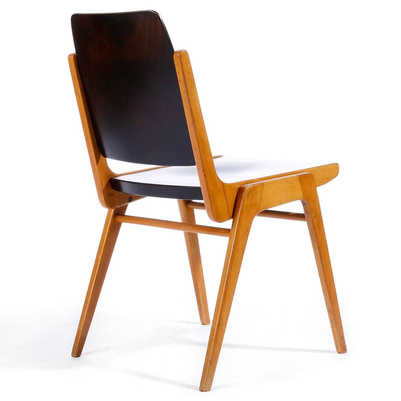 Austrian Set of Eight Stacking Chairs by Franz Schuster, Bicolored Beech Black, Austria