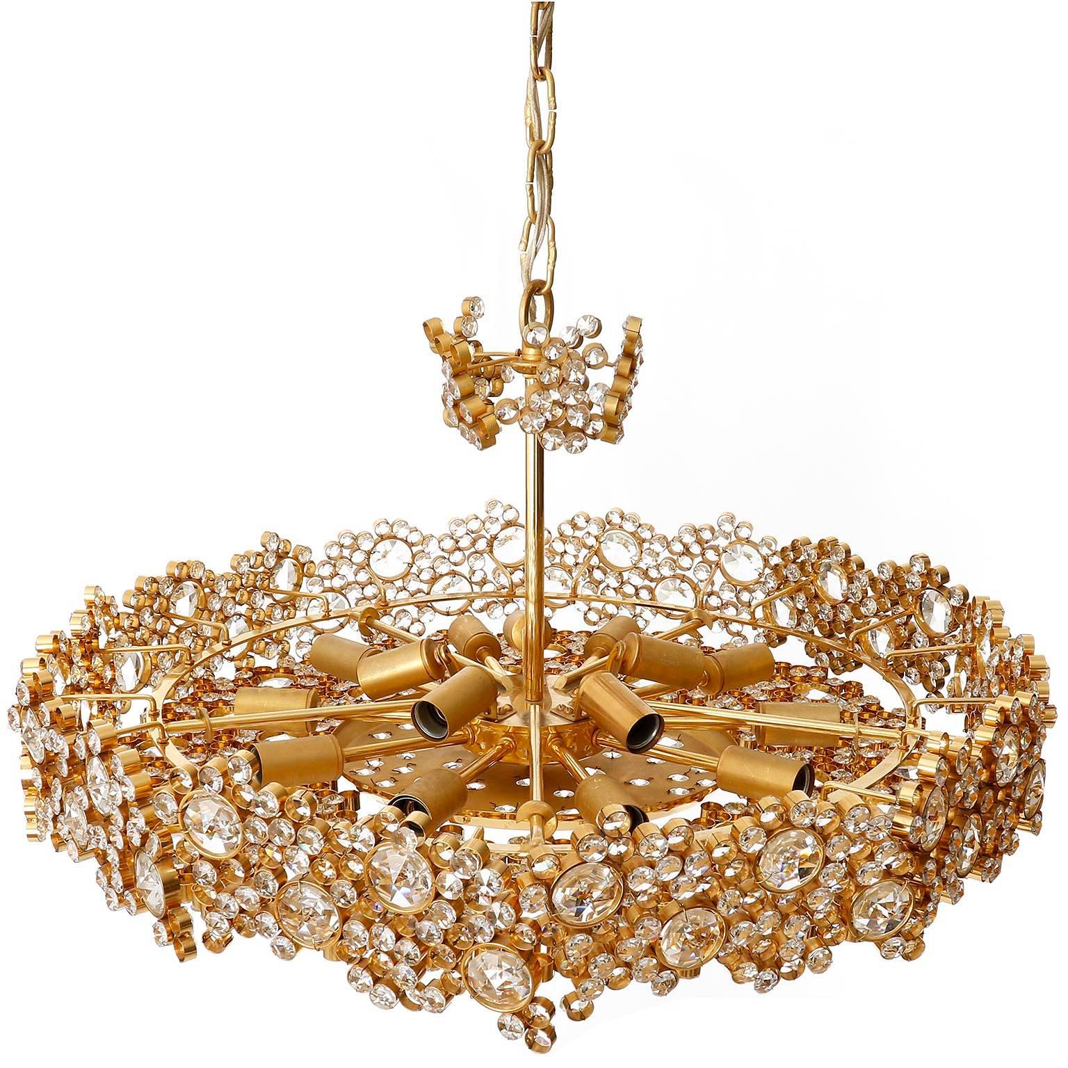 Mid-20th Century Two Palwa Chandeliers or Pendant Lights, Gilt Brass and Crystal Glass, 1970s