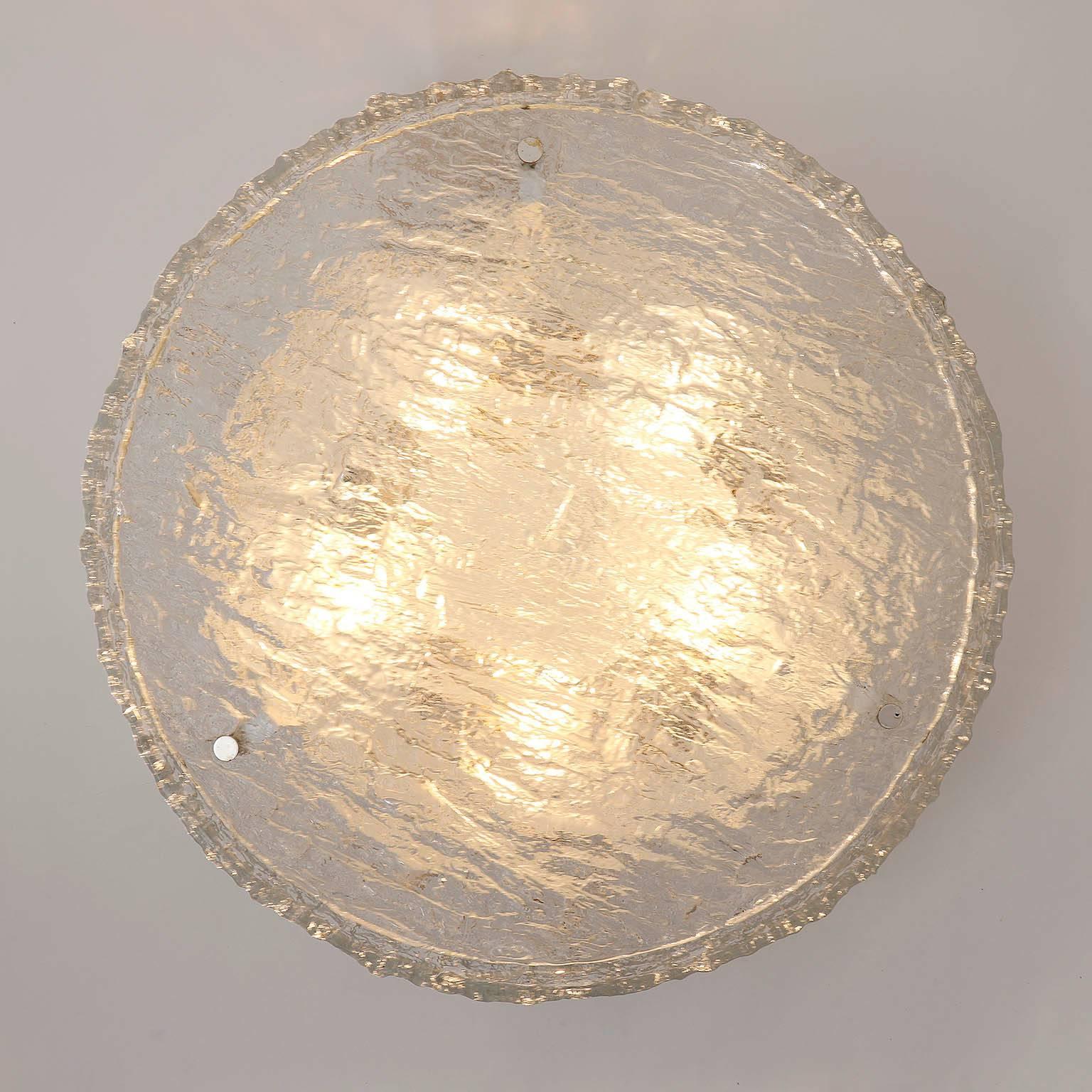 Large Textured Glass Flush Mount Light by Kaiser Leuchten, 1960s In Excellent Condition In Hausmannstätten, AT