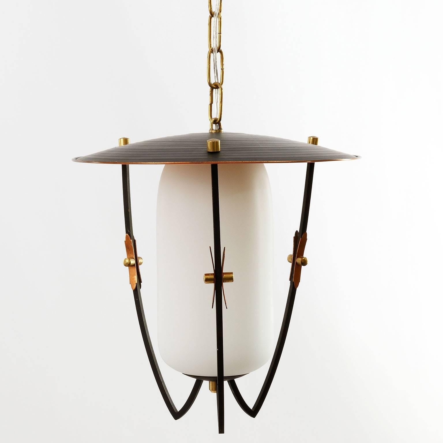 Lacquered Three Lantern Pendant Lights, Brass Copper Opal Glass, Rupert Nikoll, 1960