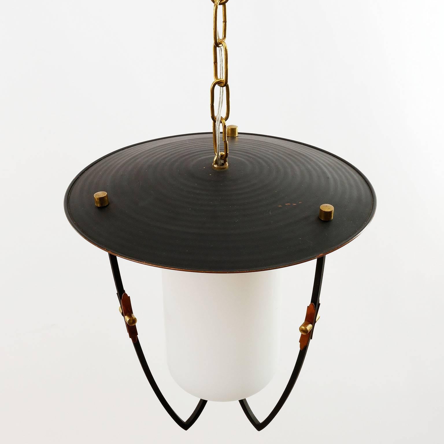 Three Lantern Pendant Lights, Brass Copper Opal Glass, Rupert Nikoll, 1960 In Excellent Condition In Hausmannstätten, AT