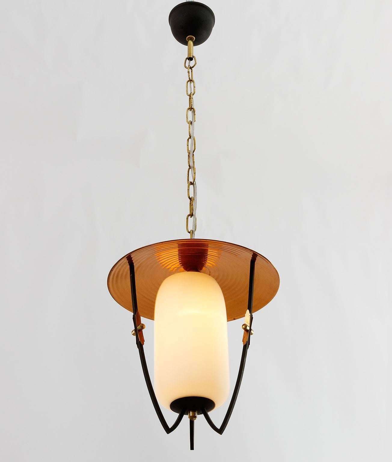 Three Lantern Pendant Lights, Brass Copper Opal Glass, Rupert Nikoll, 1960 1
