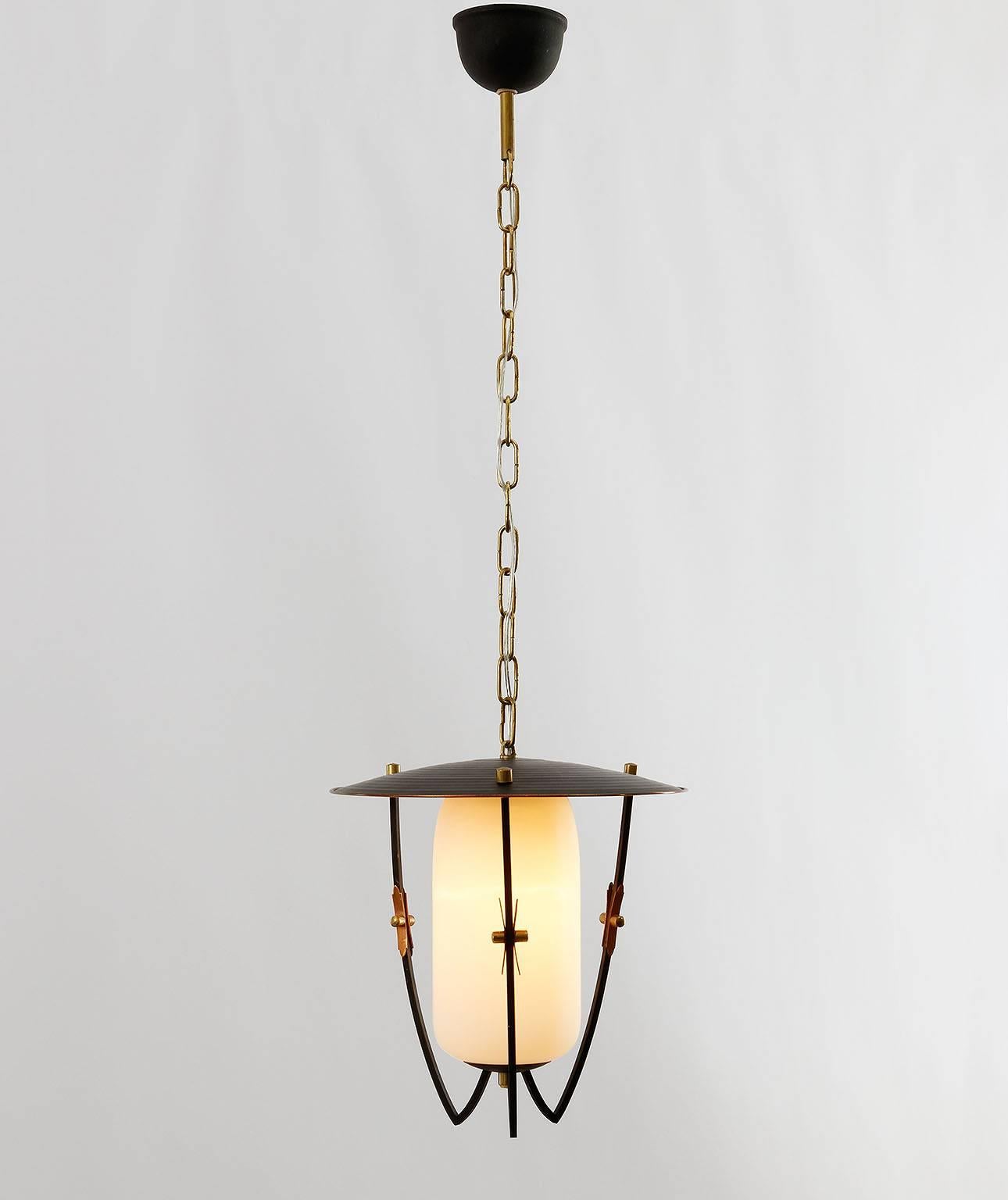 Three Lantern Pendant Lights, Brass Copper Opal Glass, Rupert Nikoll, 1960 2
