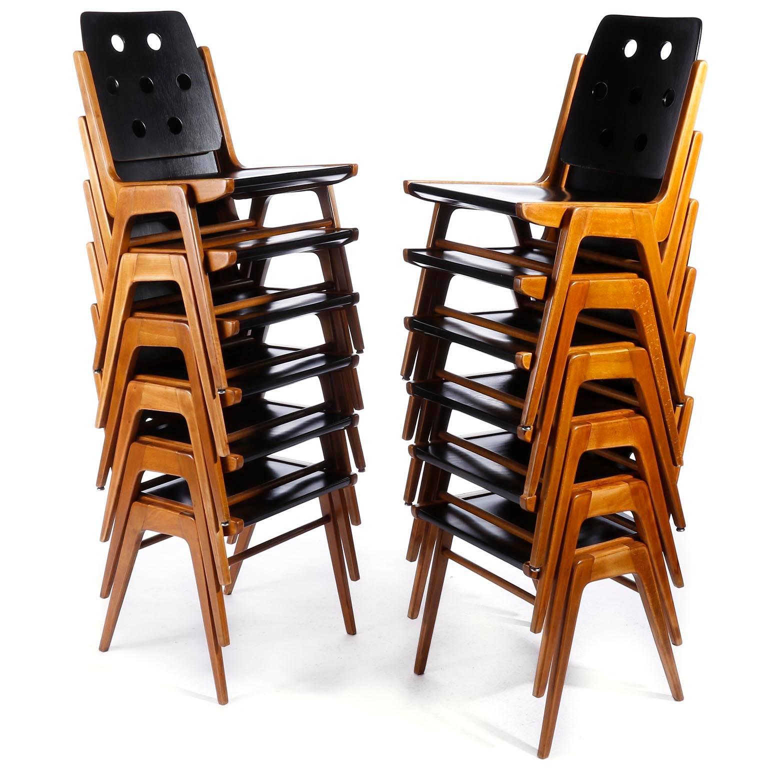 One of 12 Stacking Chairs Franz Schuster, Bicolored Beech Black, Austria, 1959 1