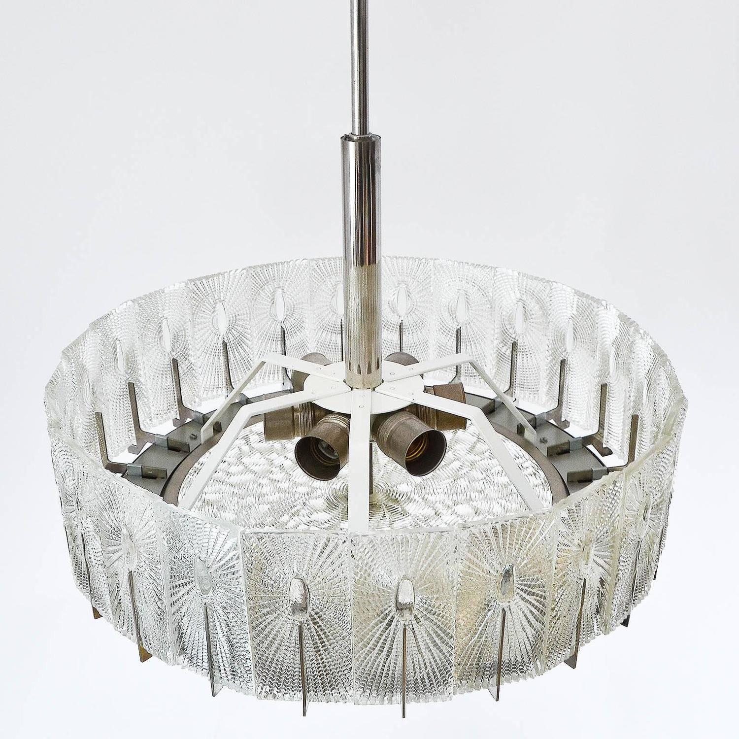 Austrian Chandelier by Rupert Nikoll, Textured Glass and Nickel, 1960 For Sale