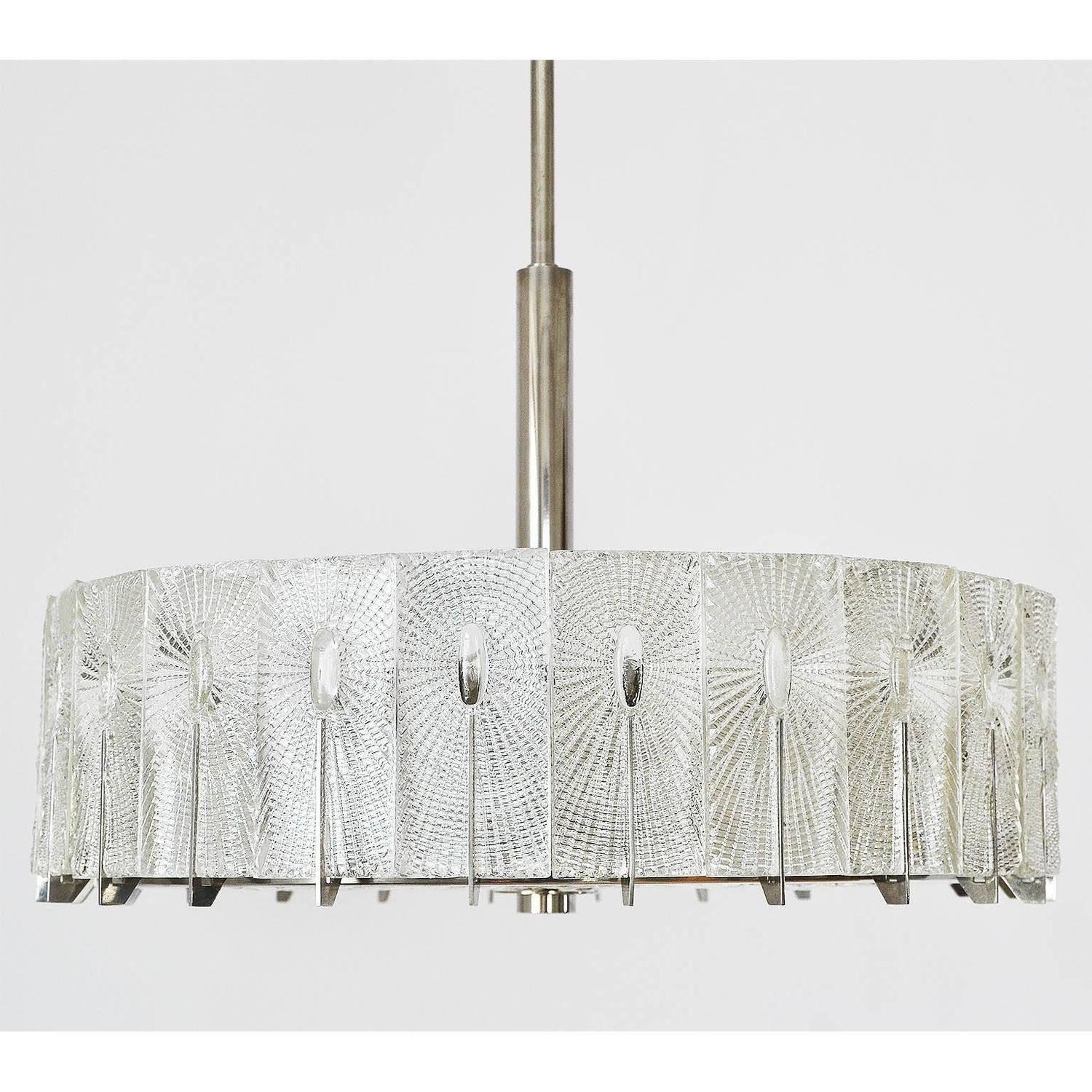 Enameled Chandelier by Rupert Nikoll, Textured Glass and Nickel, 1960 For Sale