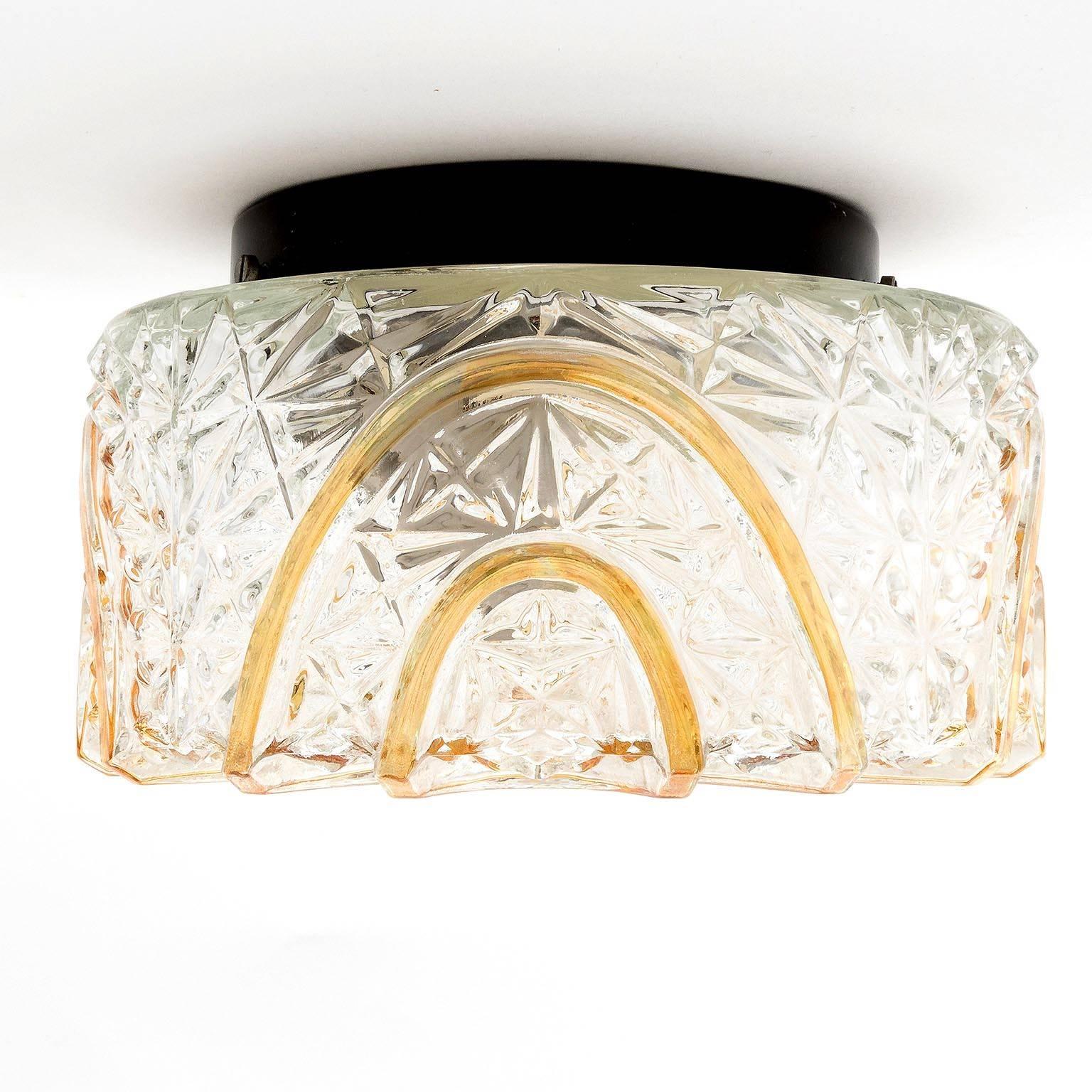 Painted Sconce or Flush Mount Light, Textured Amber Tone Glass, 1970