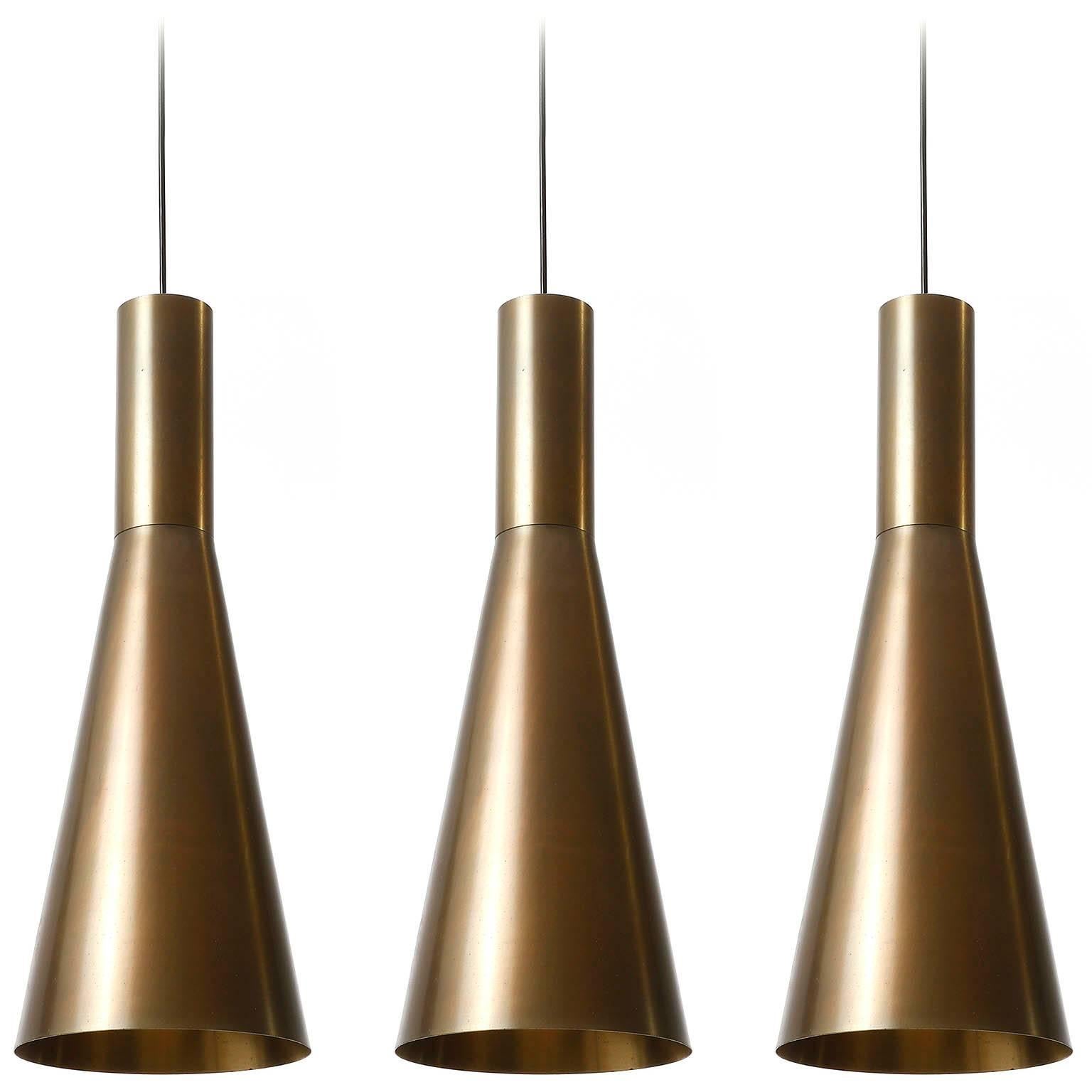 Set of Three Large Patinated Brass Pendant Lights, 1960s