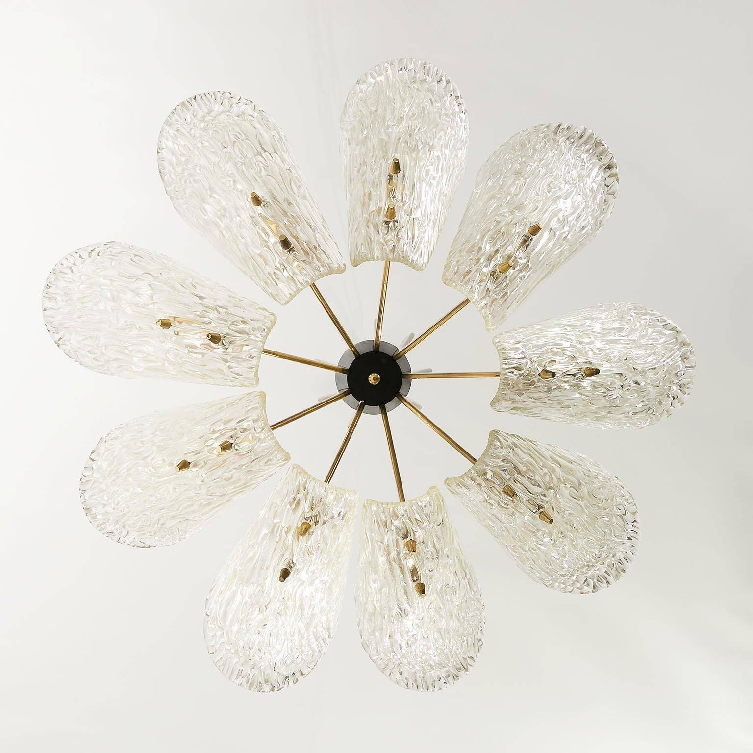 Lacquered Large J.T. Kalmar Chandelier, Brass Textured Glass, Austria, 1950s