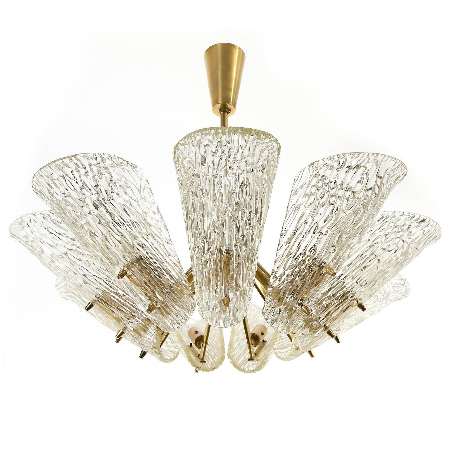 Mid-Century Modern Large J.T. Kalmar Chandelier, Brass Textured Glass, Austria, 1950s