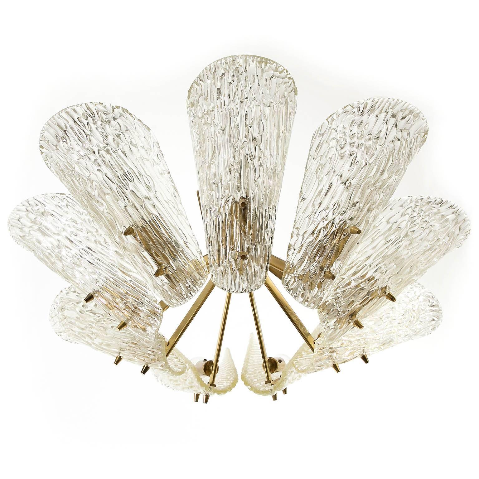 Austrian Large J.T. Kalmar Chandelier, Brass Textured Glass, Austria, 1950s