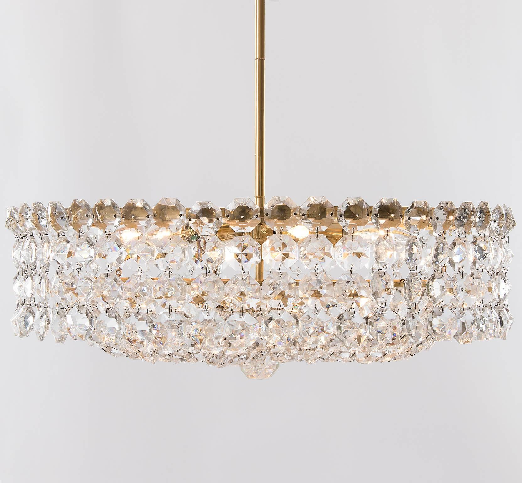 Pair of Bakalowits Chandeliers Pendant Lights, Crystal Glass Gilt Brass, 1960 2