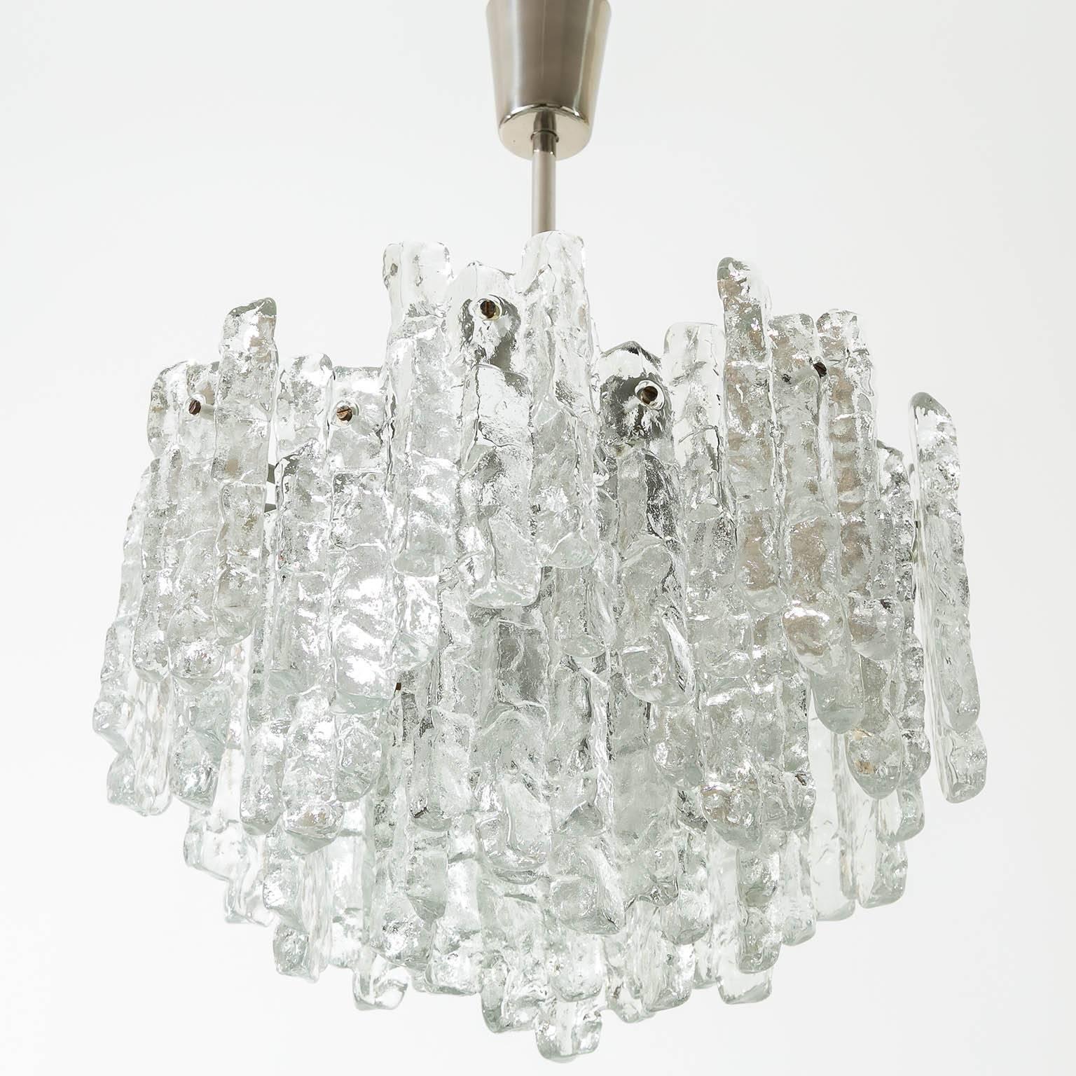Mid-20th Century Pair of Kalmar Ice Glass Chandeliers Pendant Lights, 1970 For Sale