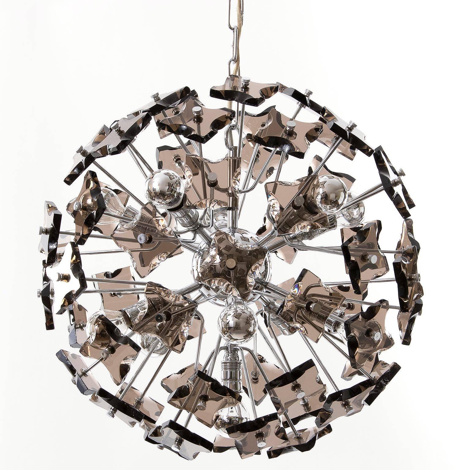 Mid-Century Modern Italian Sputnik Pendant Lights Chandeliers, Chrome Smoked Glass, 1970