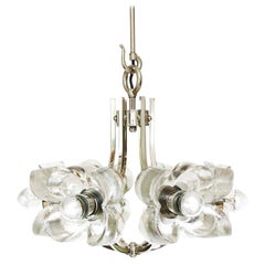 One of Two Mazzega Ice Glass Chrome Flower Chandeliers Pendant Lights Italy 1970