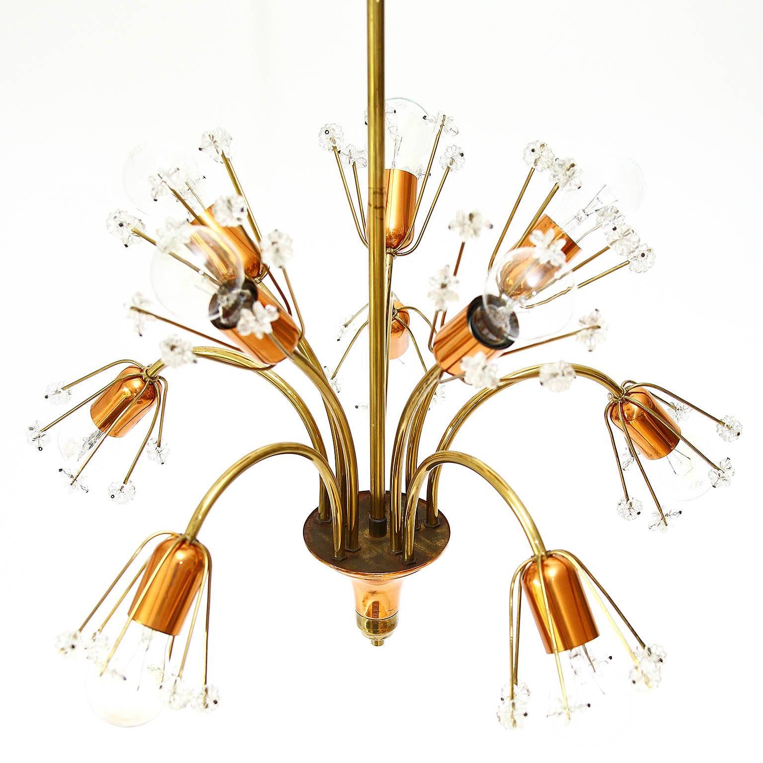 Austrian Emil Stejnar Sputnik Chandelier Pendant Light, Brass Copper and Glass, 1950s