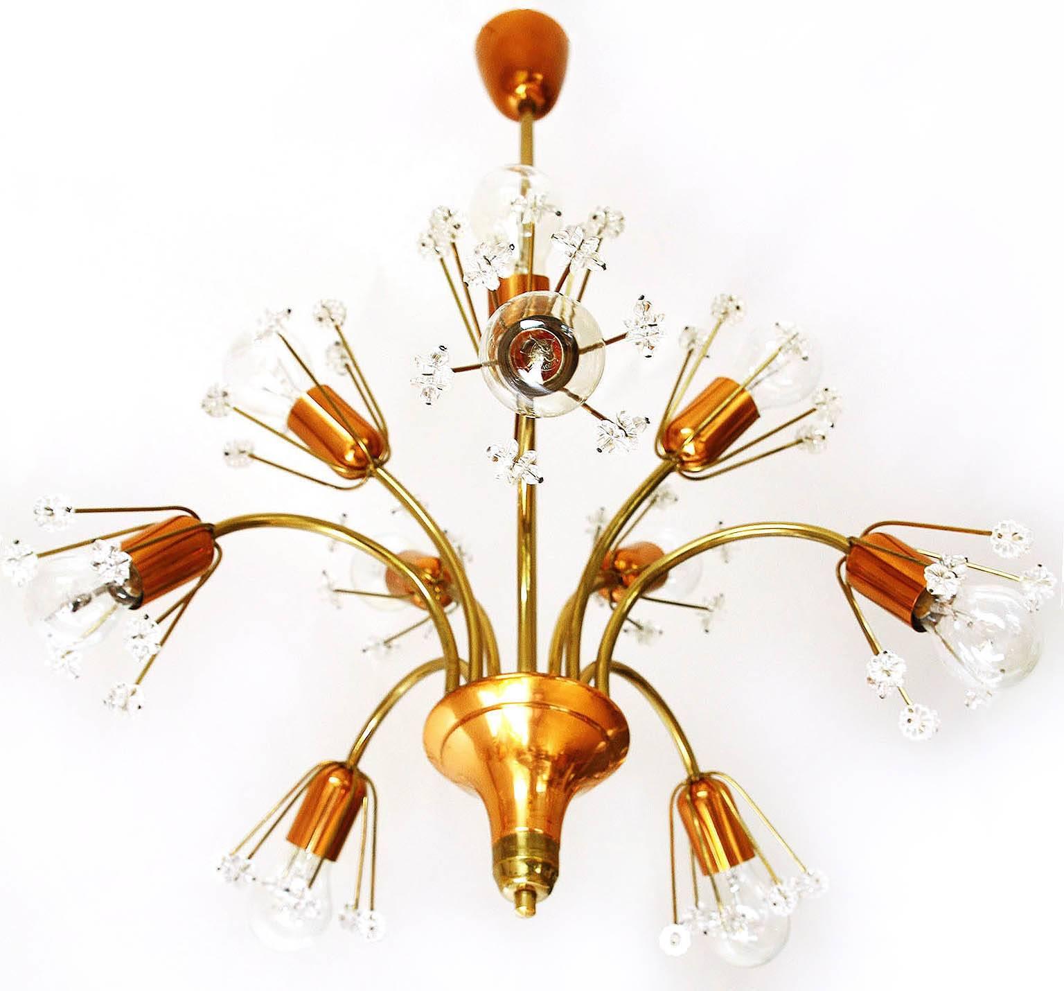 Mid-Century Modern Emil Stejnar Sputnik Chandelier Pendant Light, Brass Copper and Glass, 1950s