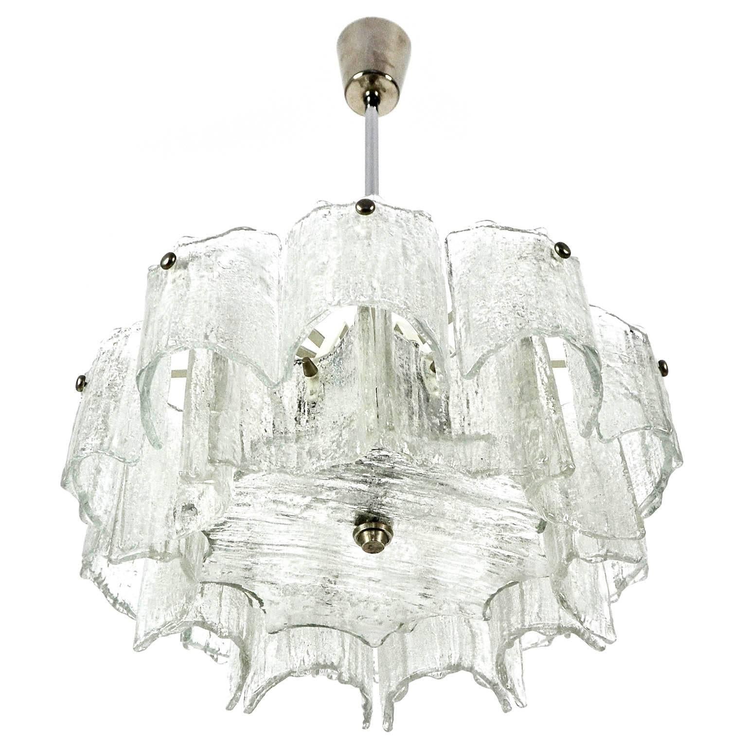 Frosted One of Three Kalmar Chandeliers, Nickel Ice Glass, 1970