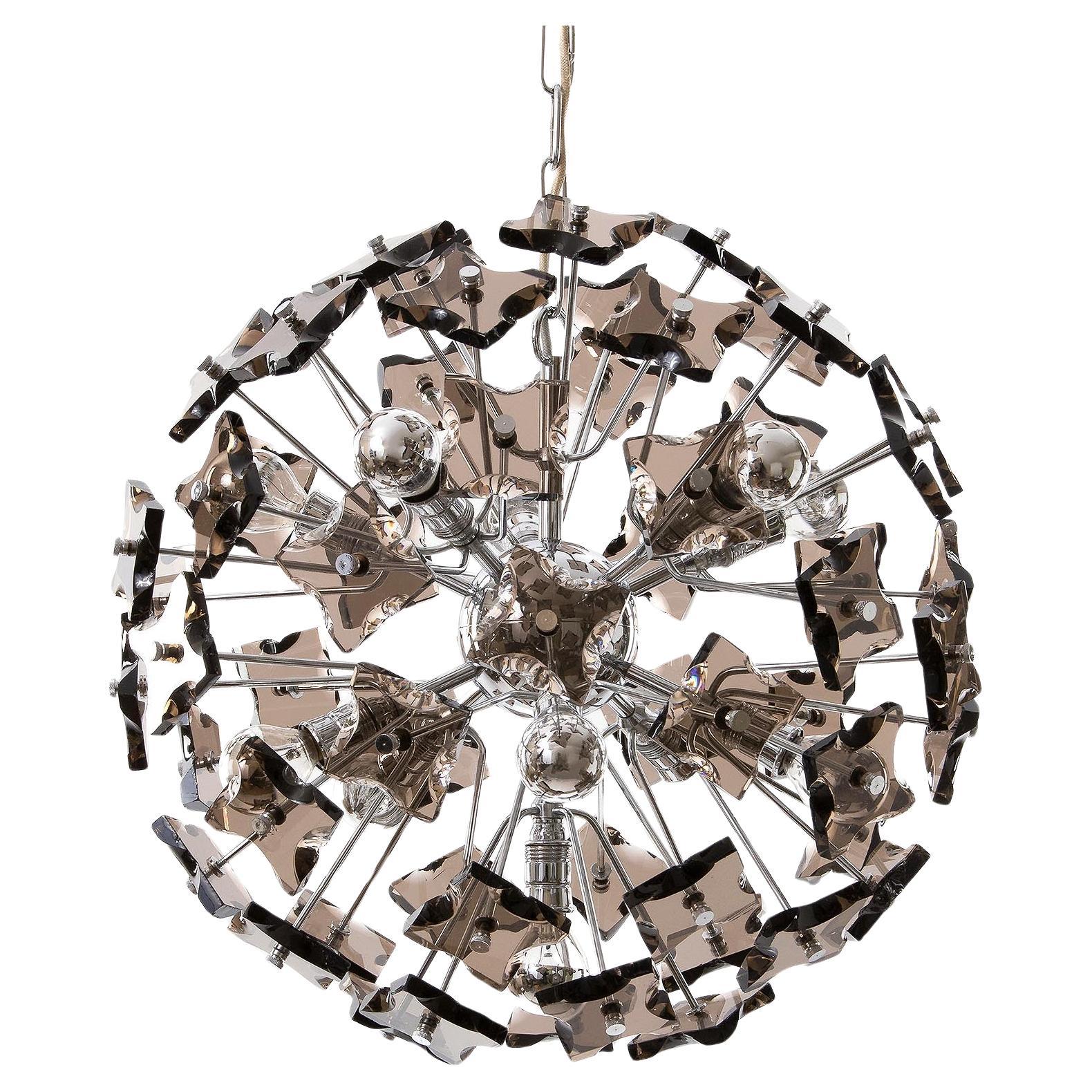 Sputnik Pendant Light Chandelier, Chrome Smoked Glass, Italy, 1970s