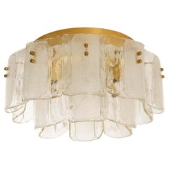 Large Flush Mount Light, Glass Brass, 1970s