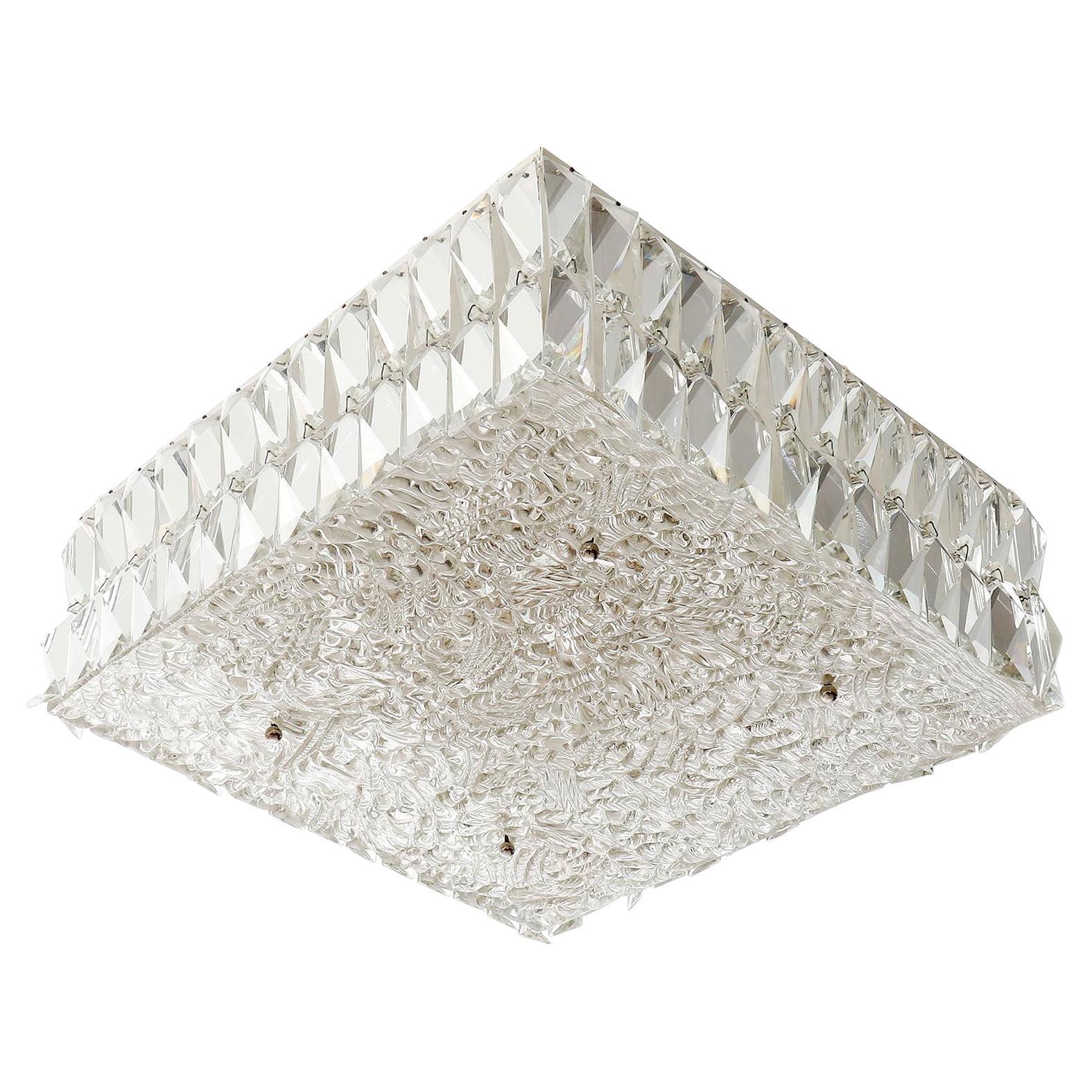 Square Kalmar Flush Mount Light Fixture, Textured and Crystal Glass, 1960s For Sale