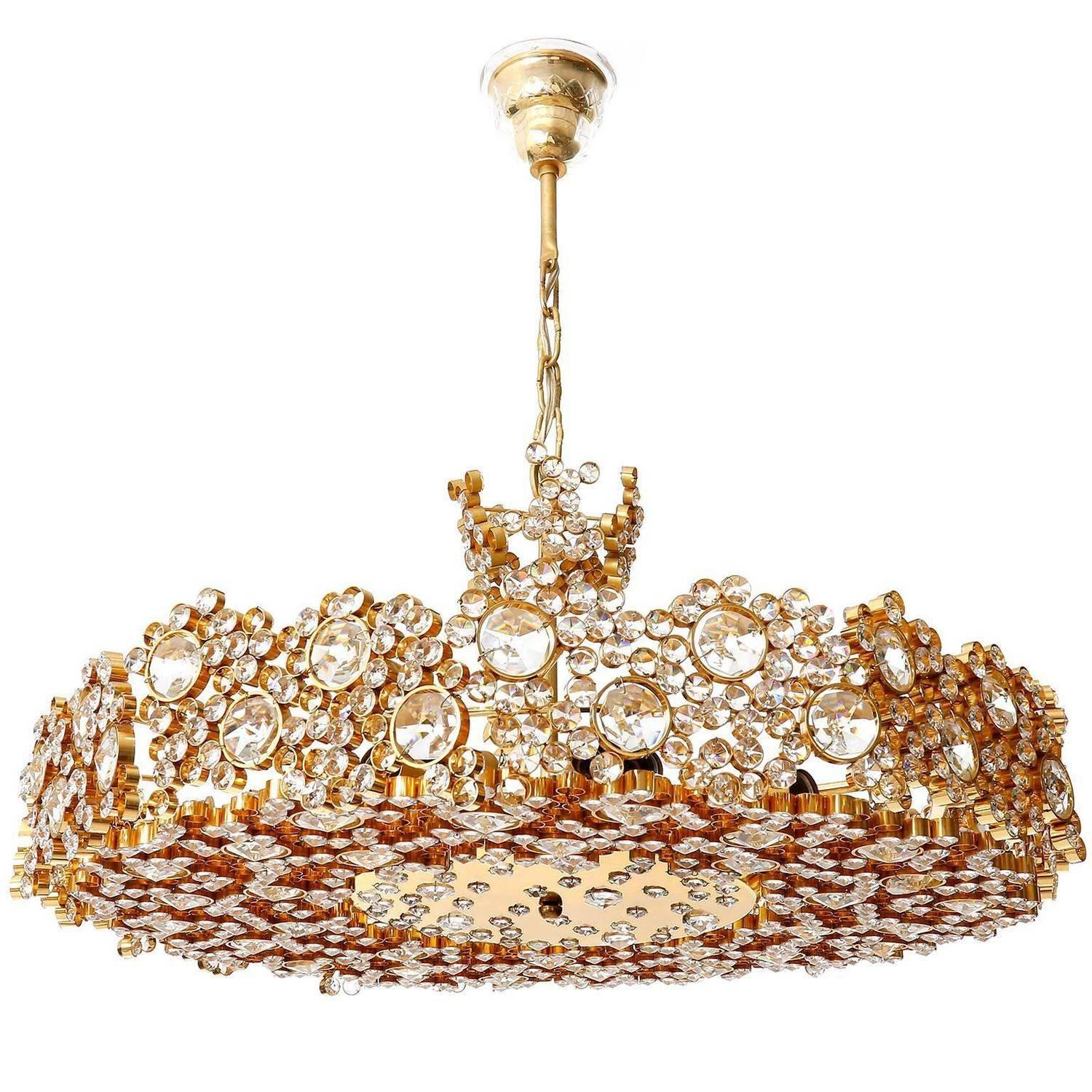 Gilded Brass and Crystal Glass Flush Mount by Palwa, 1960s For Sale 1