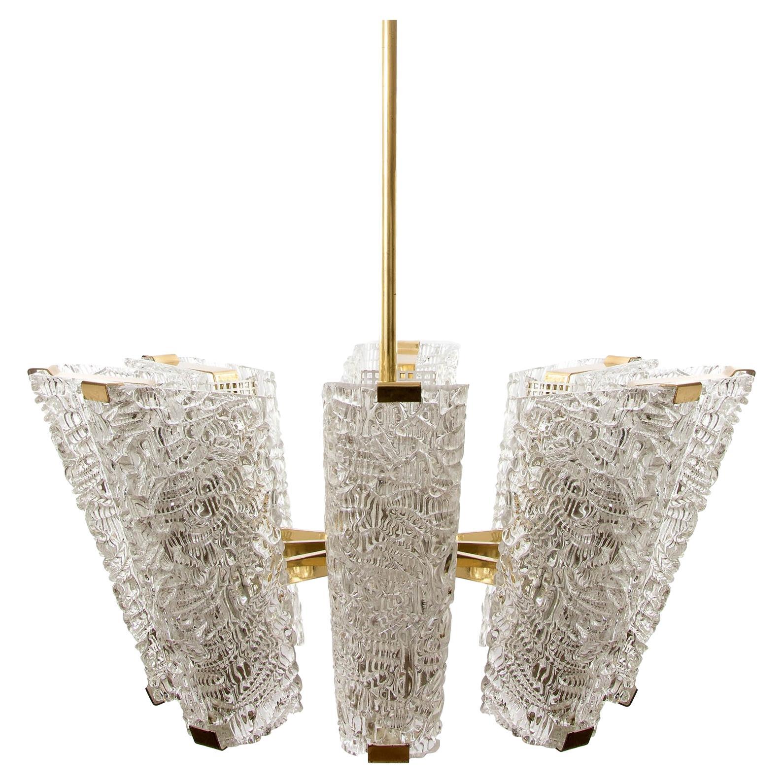 Large Kalmar Chandelier, Brass and Textured Glass, 1960 For Sale