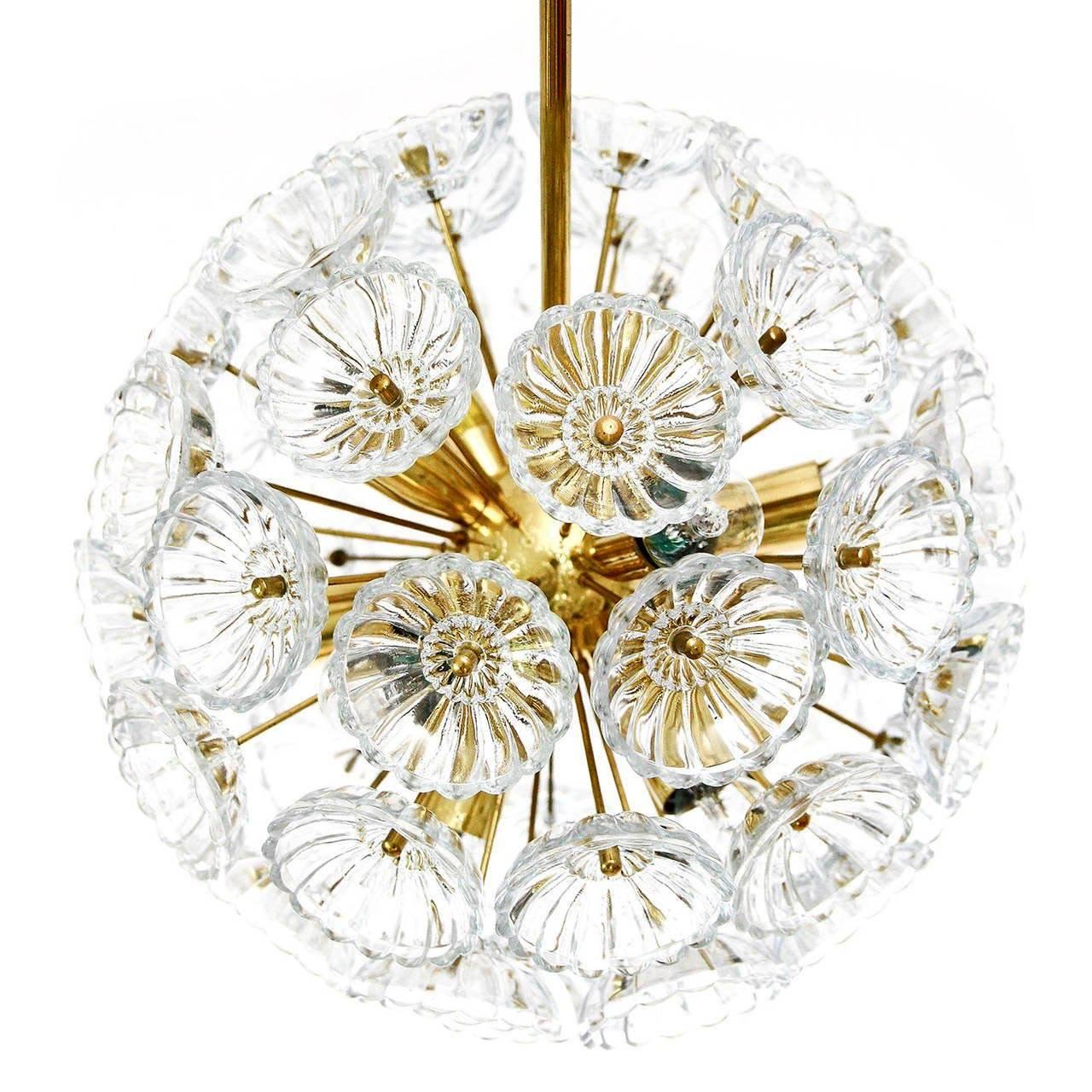 Mid-Century Modern Pair of Sputnik Chandeliers Pendant Lights, Glass and Brass, Germany, 1960s