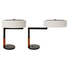 Two Kalmar Table Lamps, Swivel Lampshade, Leather Metal Opal Plexiglass 1960s