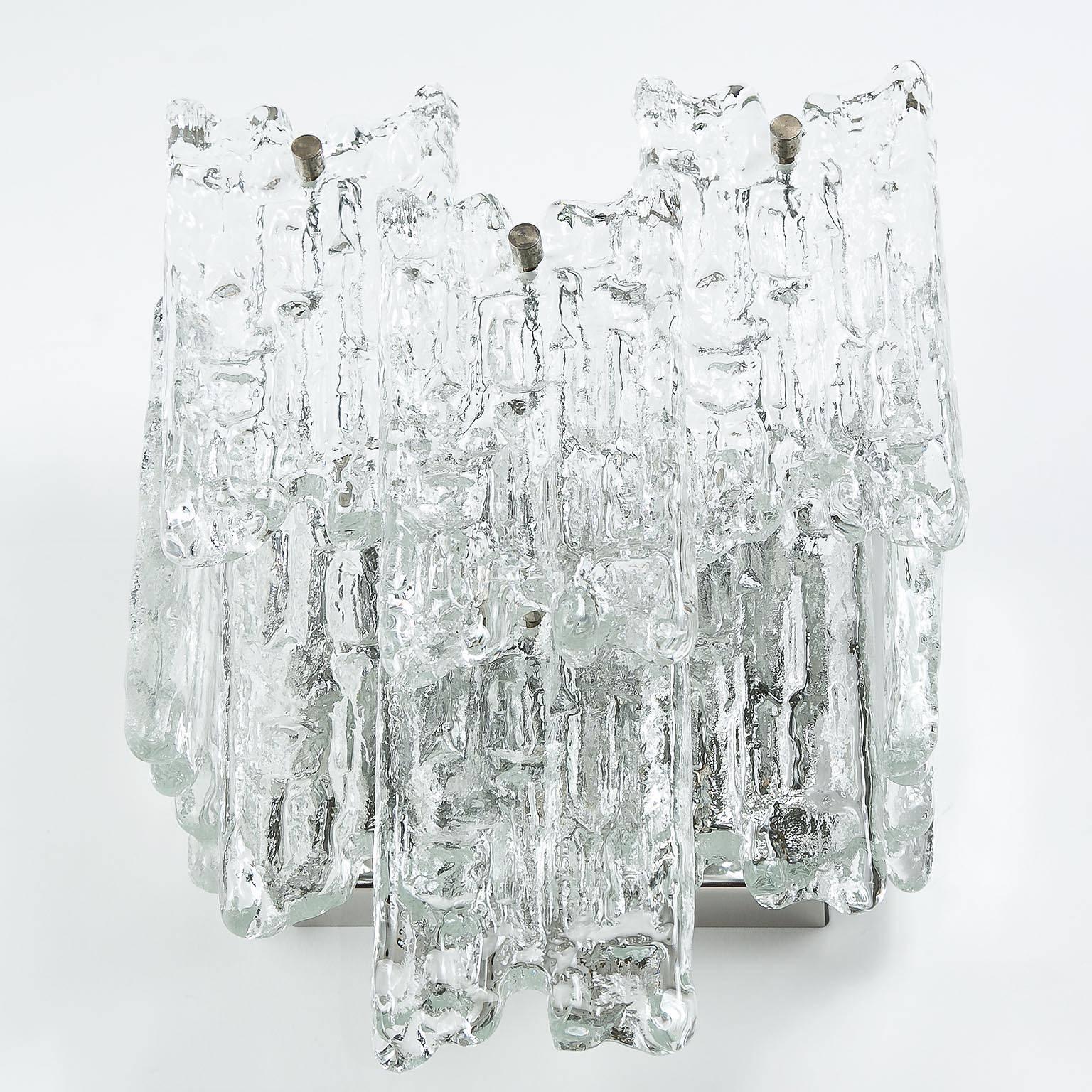 Mid-Century Modern Pair of Kalmar Sconces Wall Lights, Ice Glass Nickel, 1960s