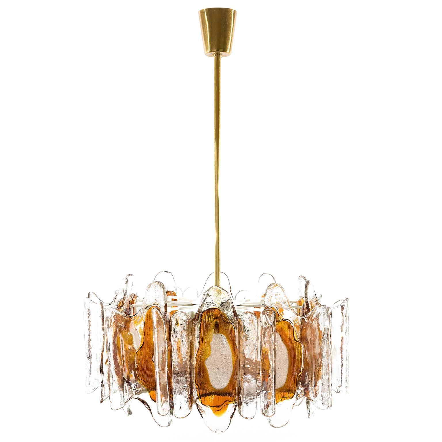 Enameled Kalmar Chandelier Pendant Light, Orange Murano Glass Brass, 1970
