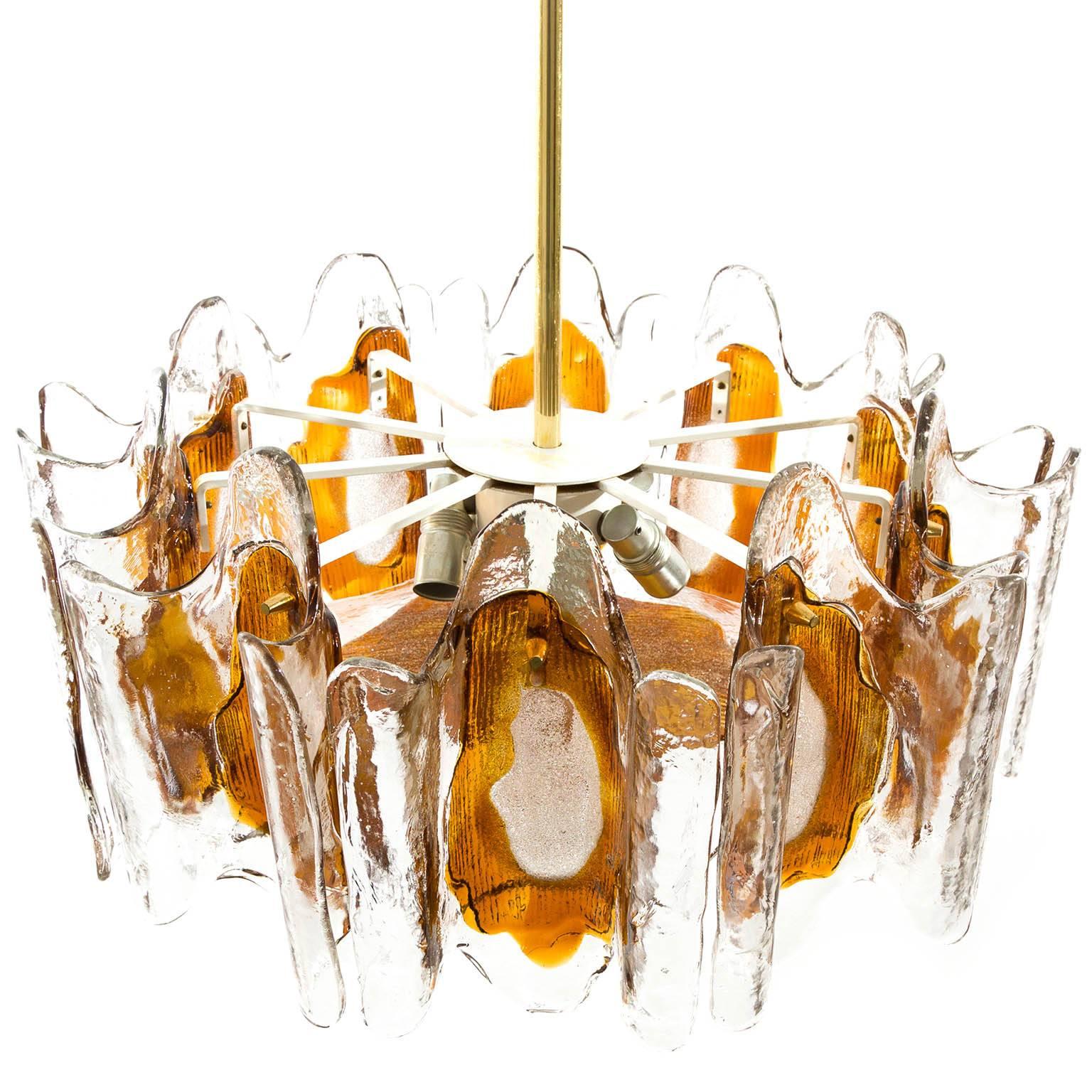 Mid-Century Modern Kalmar Chandelier Pendant Light, Orange Murano Glass Brass, 1970