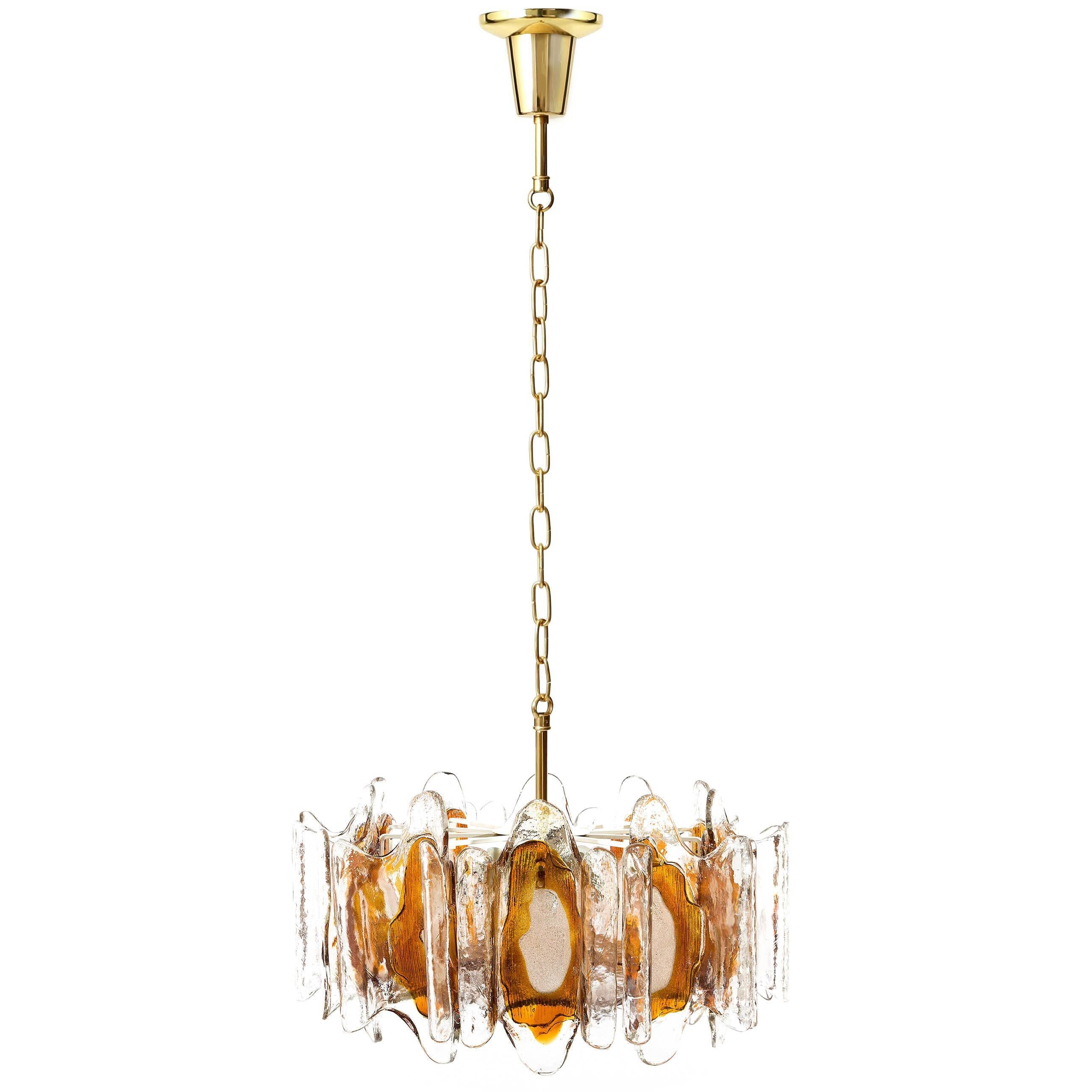 Austrian Kalmar Chandelier Pendant Light, Orange Murano Glass Brass, 1970