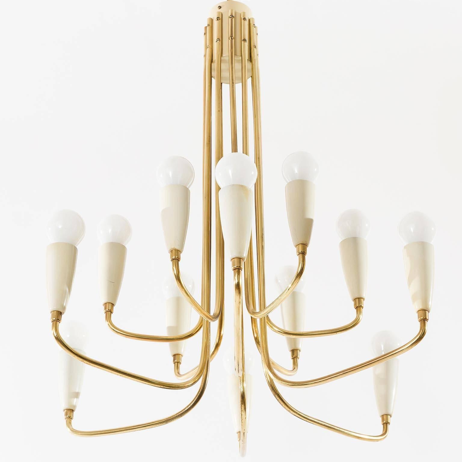 Enameled 12-Arm Brass Chandelier Pendant Light, 1960s For Sale