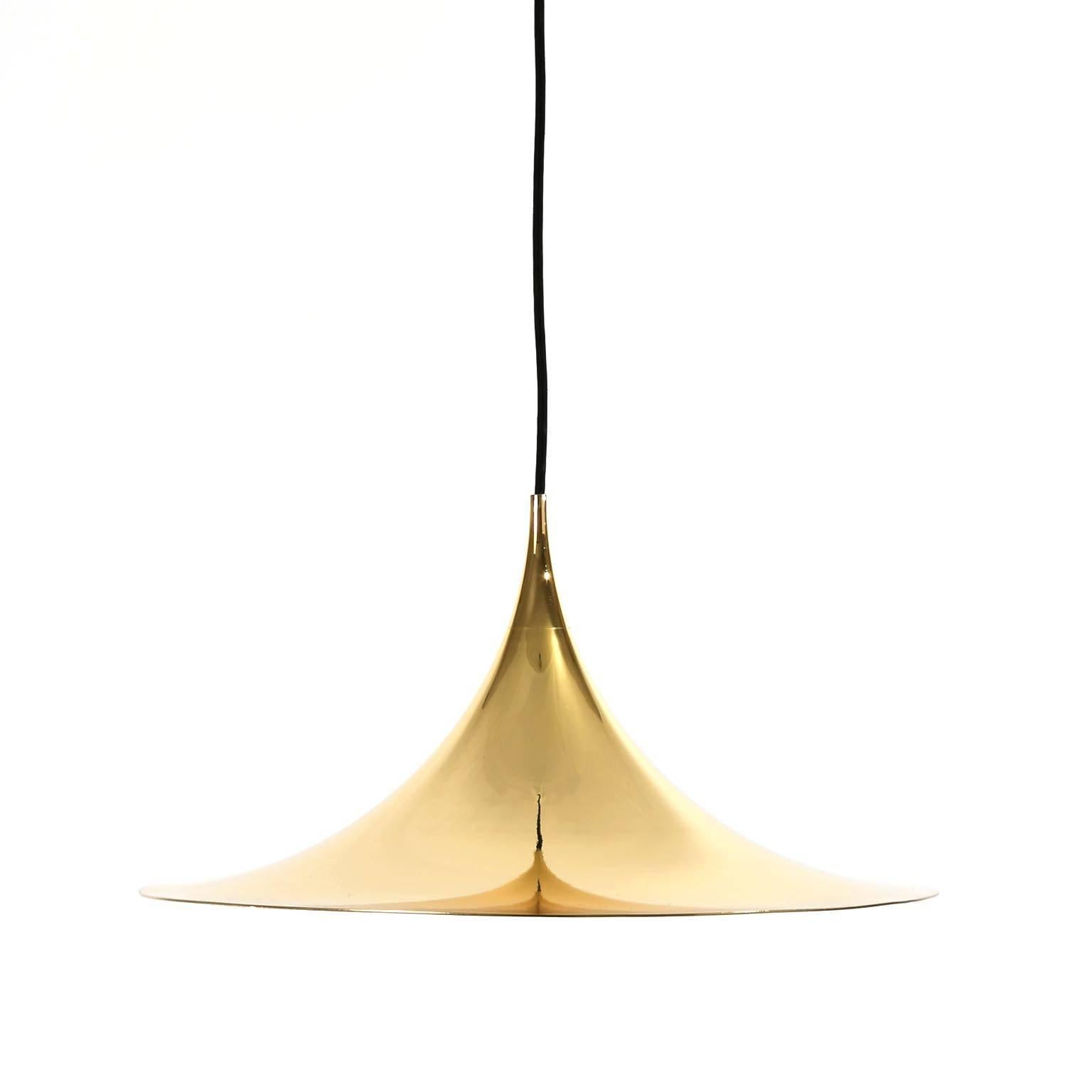 Set of five brass-plated hanging lamps by Bonderup and Thorup for Fog & Mørup, Denmark, circa 1968. 
Newly rewired. One medium base bulb (100W max).
Excellent condition, restored: Newly brass-replated outside, the inner side has been repainted