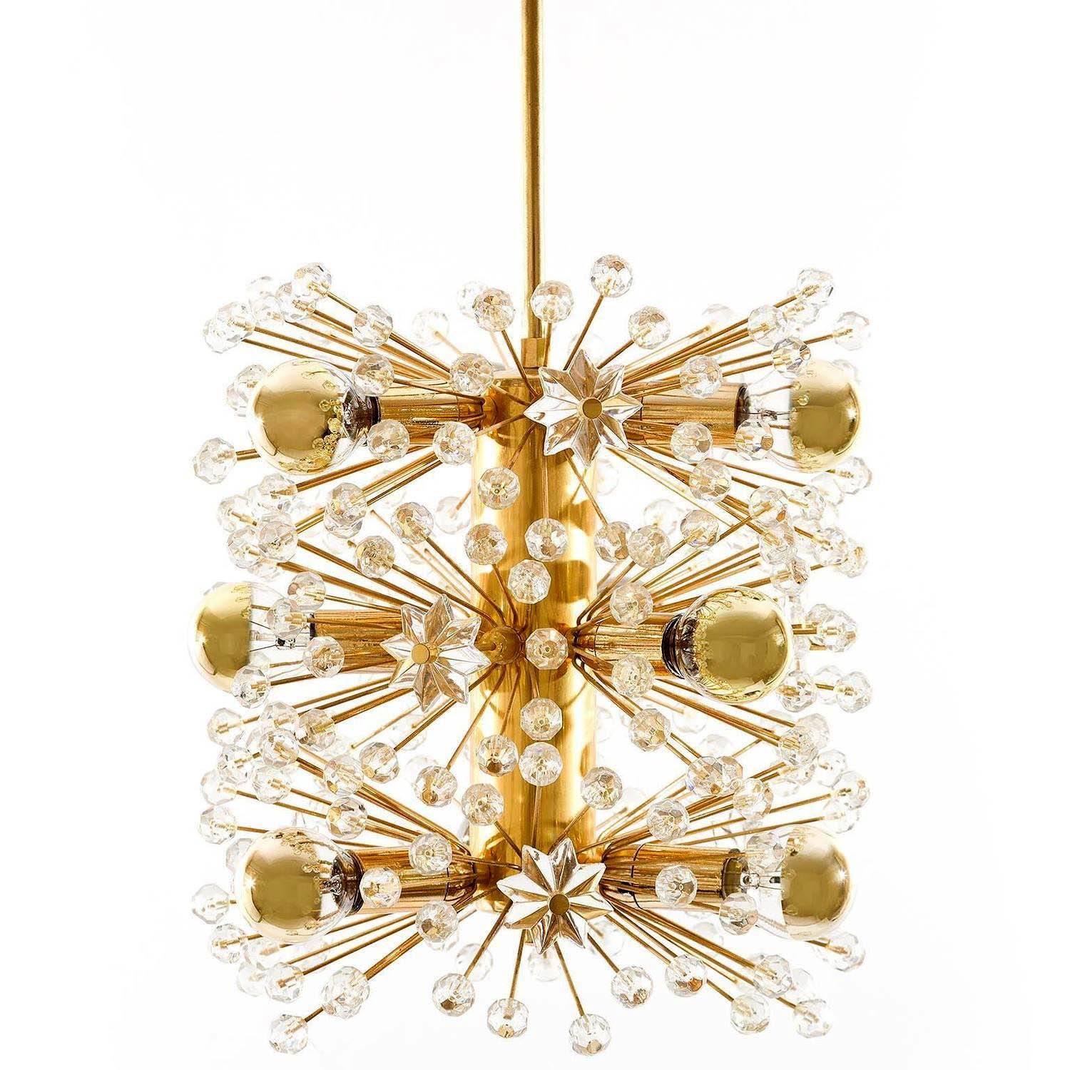 Emil Stejnar Sputnik Pendant Light or Chandelier, Gilt Brass Crystal Glass, 1960 In Excellent Condition In Hausmannstätten, AT