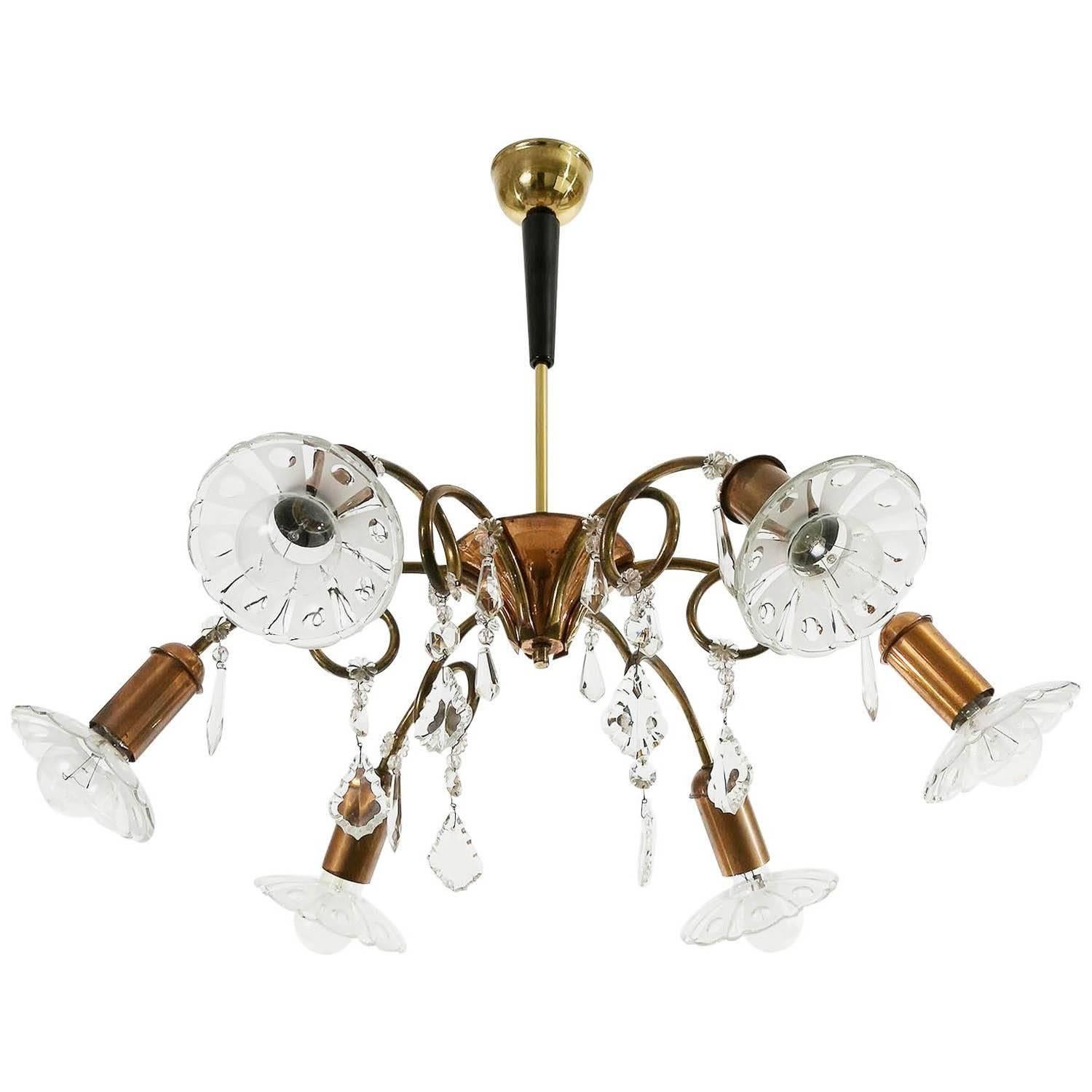 Rupert Nikoll Chandelier, Glass Copper Brass, Austria, 1950s