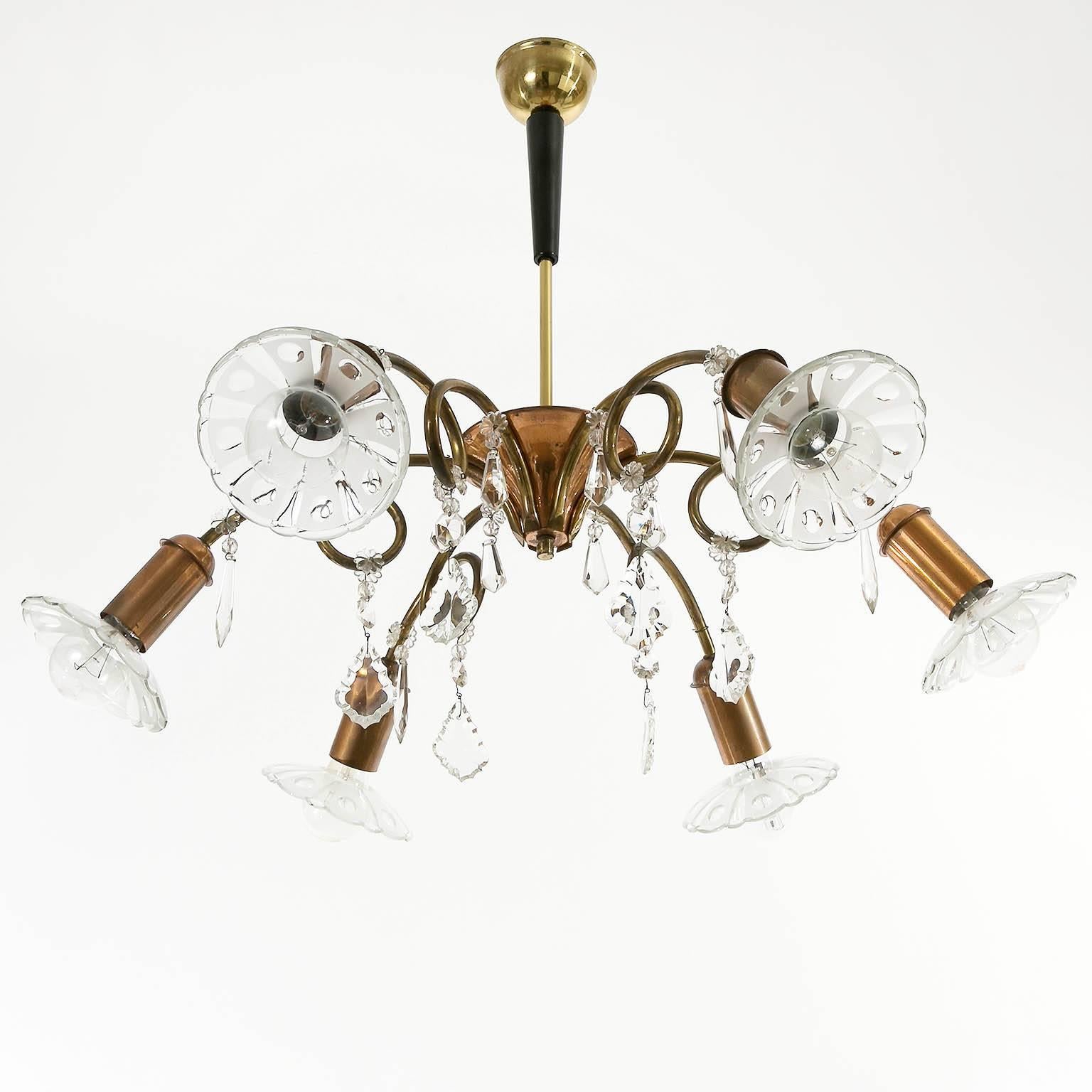 Austrian Rupert Nikoll Chandelier, Glass Copper Brass, Austria, 1950s For Sale