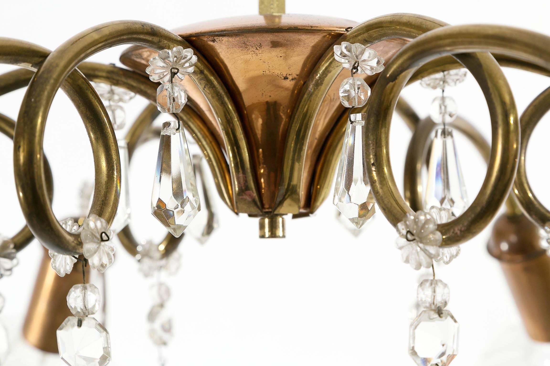 Rupert Nikoll Chandelier, Glass Copper Brass, Austria, 1950s For Sale 2