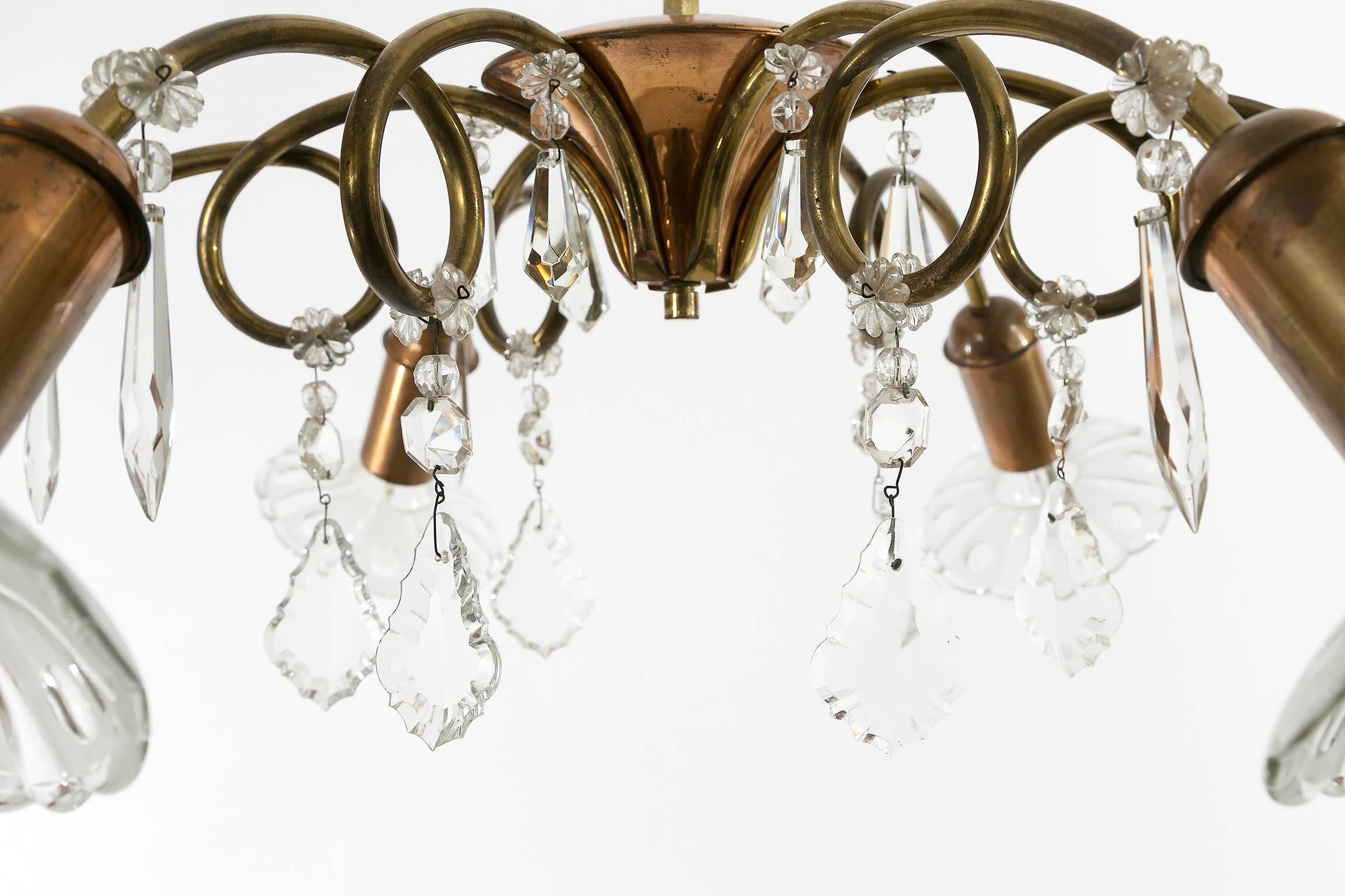 Rupert Nikoll Chandelier, Glass Copper Brass, Austria, 1950s For Sale 1