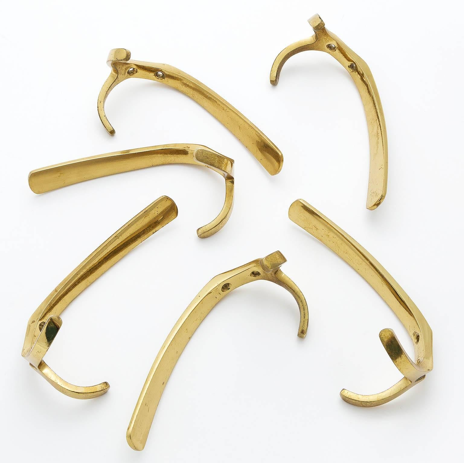 Mid-20th Century Set of Six Coat Wall Hooks Brass by Hertha Baller, Austria, 1950s