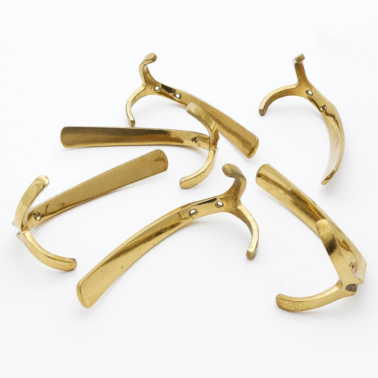Set of Six Coat Wall Hooks Brass by Hertha Baller, Austria, 1950s 1