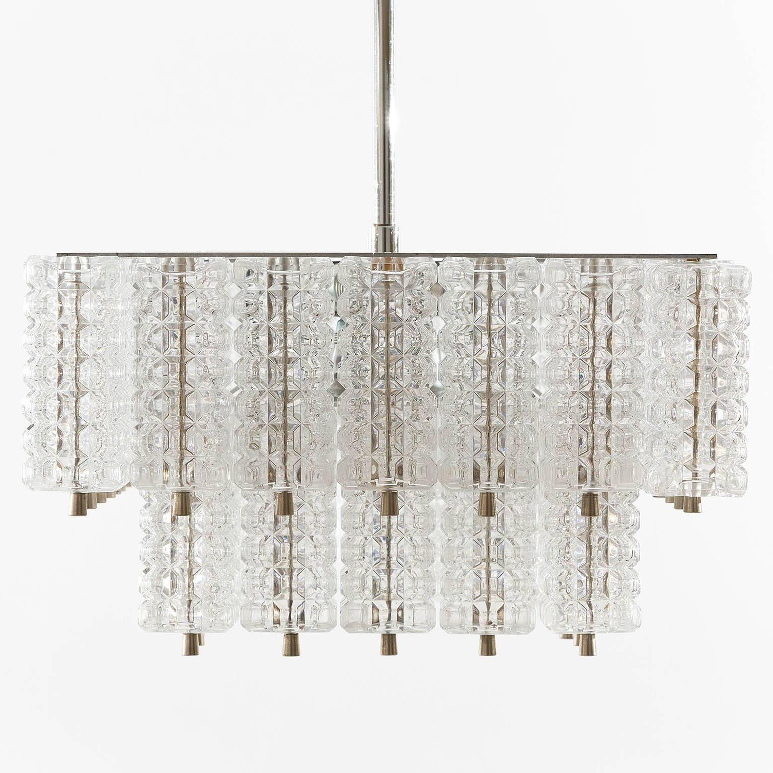 Mid-Century Modern Chandelier Pendant Light by Austrolux, Glass Chrome, Vienna, 1960s For Sale