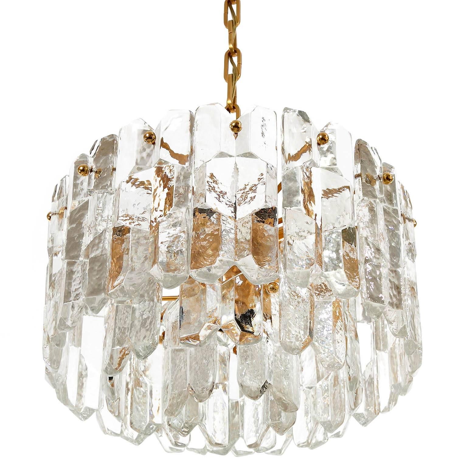 Austrian One of Three Kalmar Chandeliers Pendant Lights 'Palazzo', Gilt Brass Glass, 1970