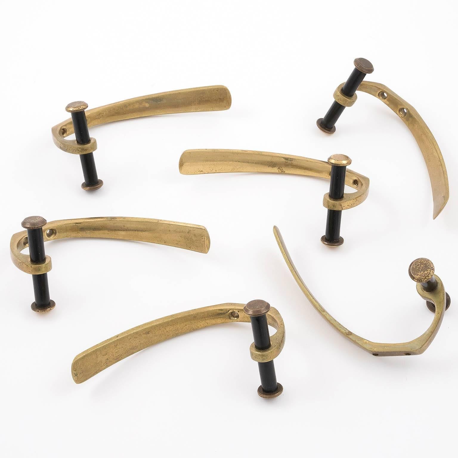 Set of Six Coat Wall Hooks Blackened Brass by Hertha Baller Auböck Style, 1950s 1