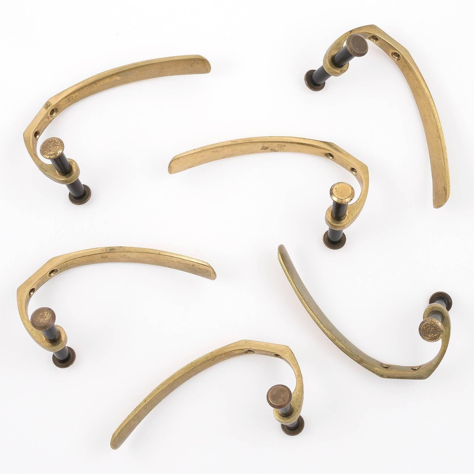 Set of Six Coat Wall Hooks Blackened Brass by Hertha Baller Auböck Style, 1950s 2