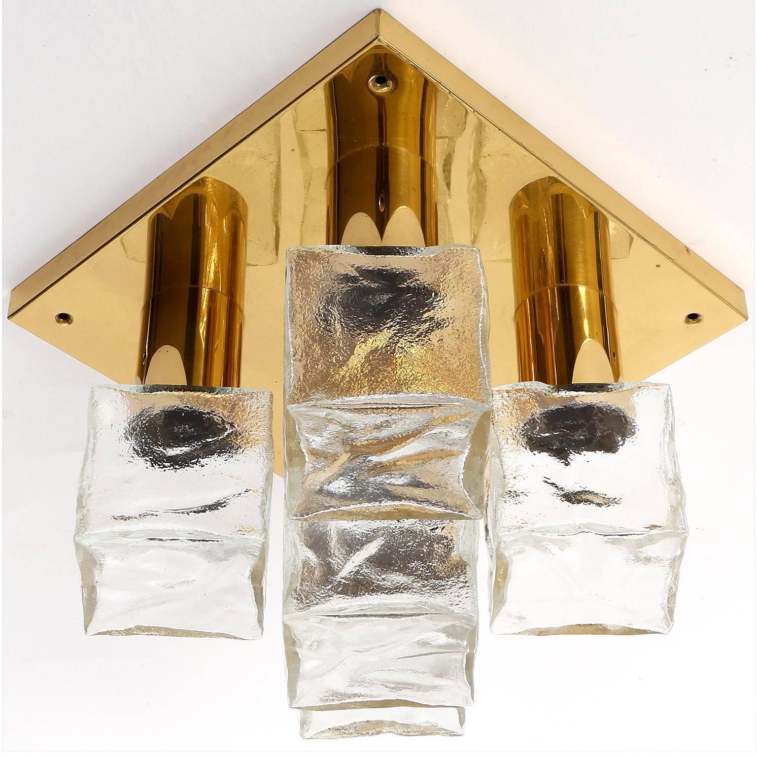 Frosted One of Two Modulare Kalmar Flush Mount Lights or Sconces, Brass Ice Glass, 1960s For Sale