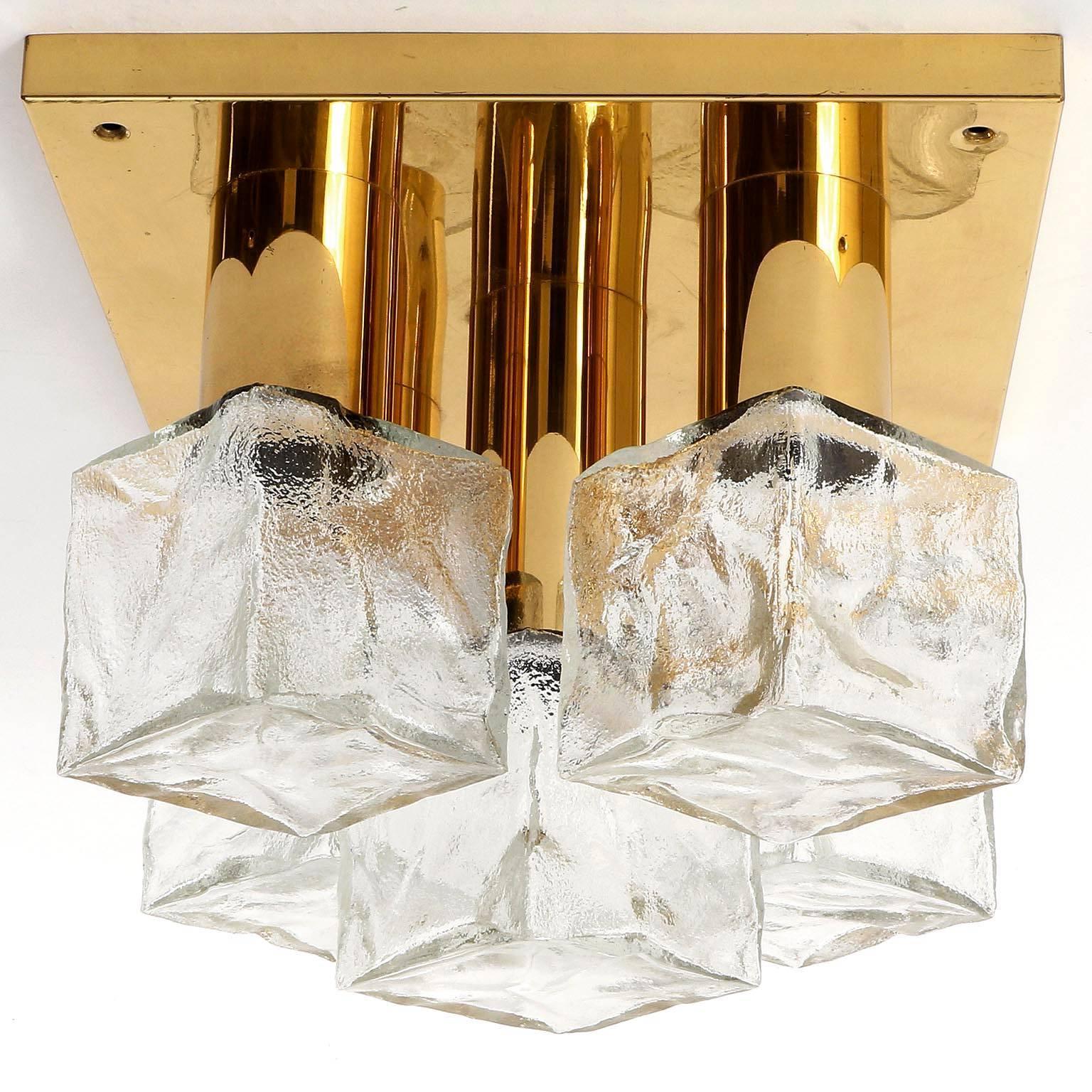 Mid-Century Modern One of Two Modulare Kalmar Flush Mount Lights or Sconces, Brass Ice Glass, 1960s For Sale