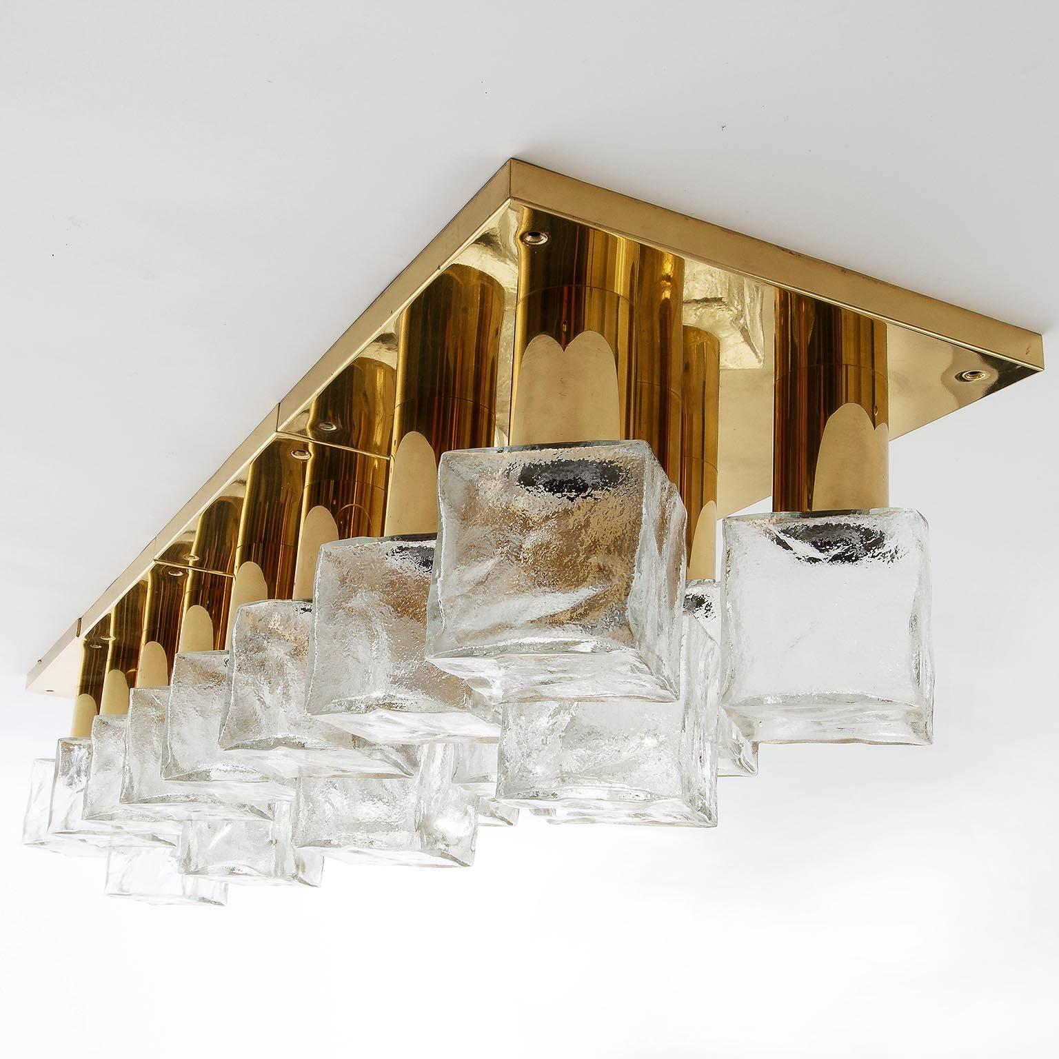 One of Two Modulare Kalmar Flush Mount Lights or Sconces, Brass Ice Glass, 1960s For Sale 2